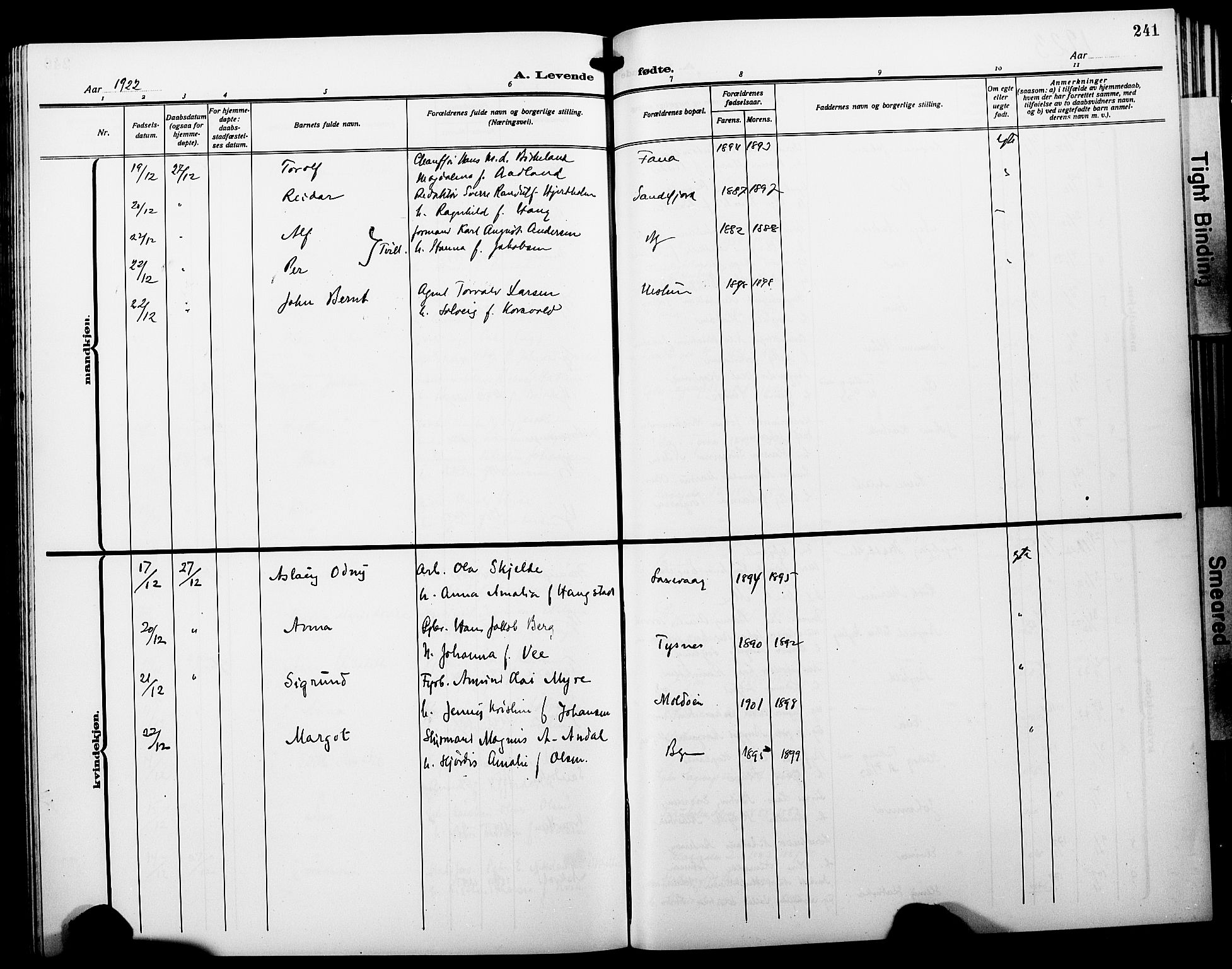 Fødselsstiftelsens sokneprestembete*, SAB/-: Parish register (copy) no. A 3, 1916-1925, p. 241