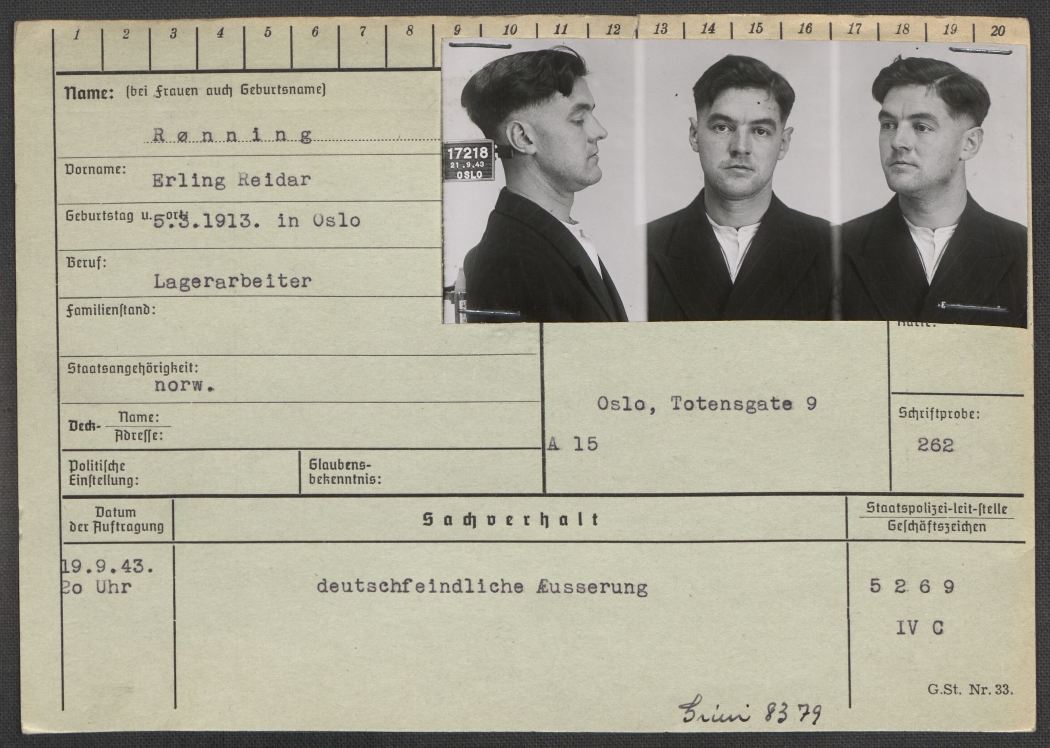 Befehlshaber der Sicherheitspolizei und des SD, RA/RAFA-5969/E/Ea/Eaa/L0009: Register over norske fanger i Møllergata 19: Ru-Sy, 1940-1945, p. 122