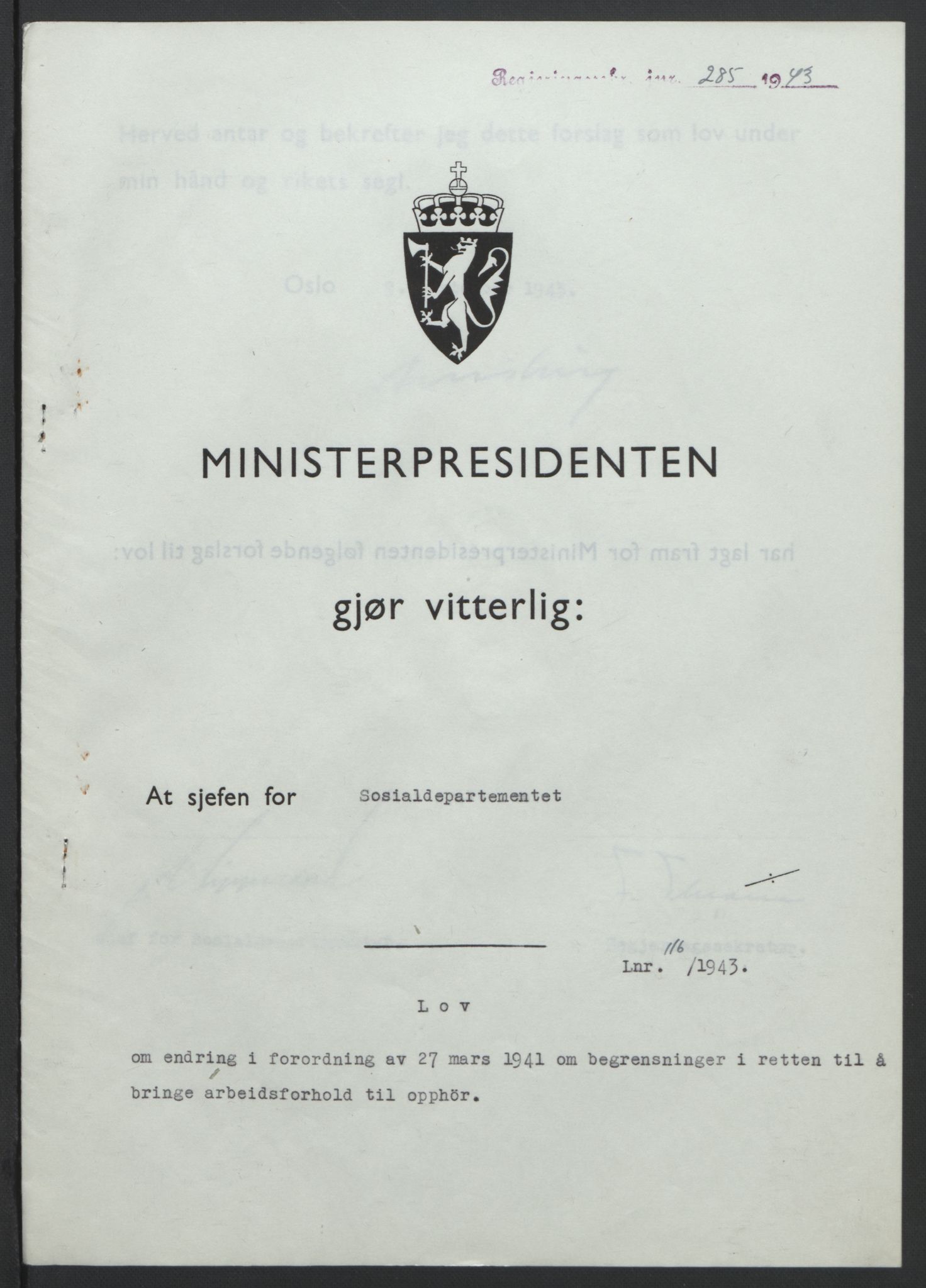 NS-administrasjonen 1940-1945 (Statsrådsekretariatet, de kommisariske statsråder mm), RA/S-4279/D/Db/L0099: Lover, 1943, p. 540
