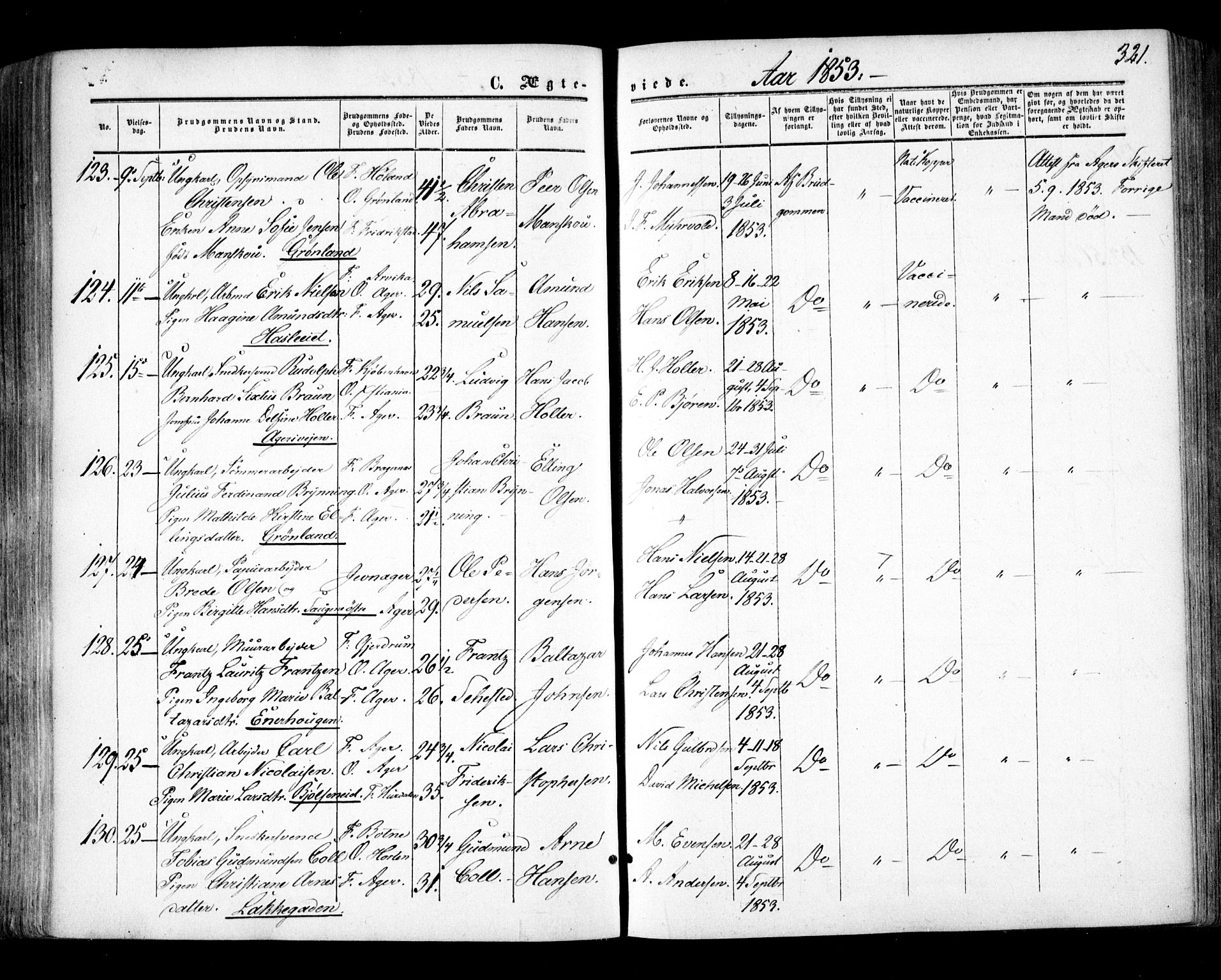 Aker prestekontor kirkebøker, SAO/A-10861/F/L0020: Parish register (official) no. 20, 1853-1857, p. 321