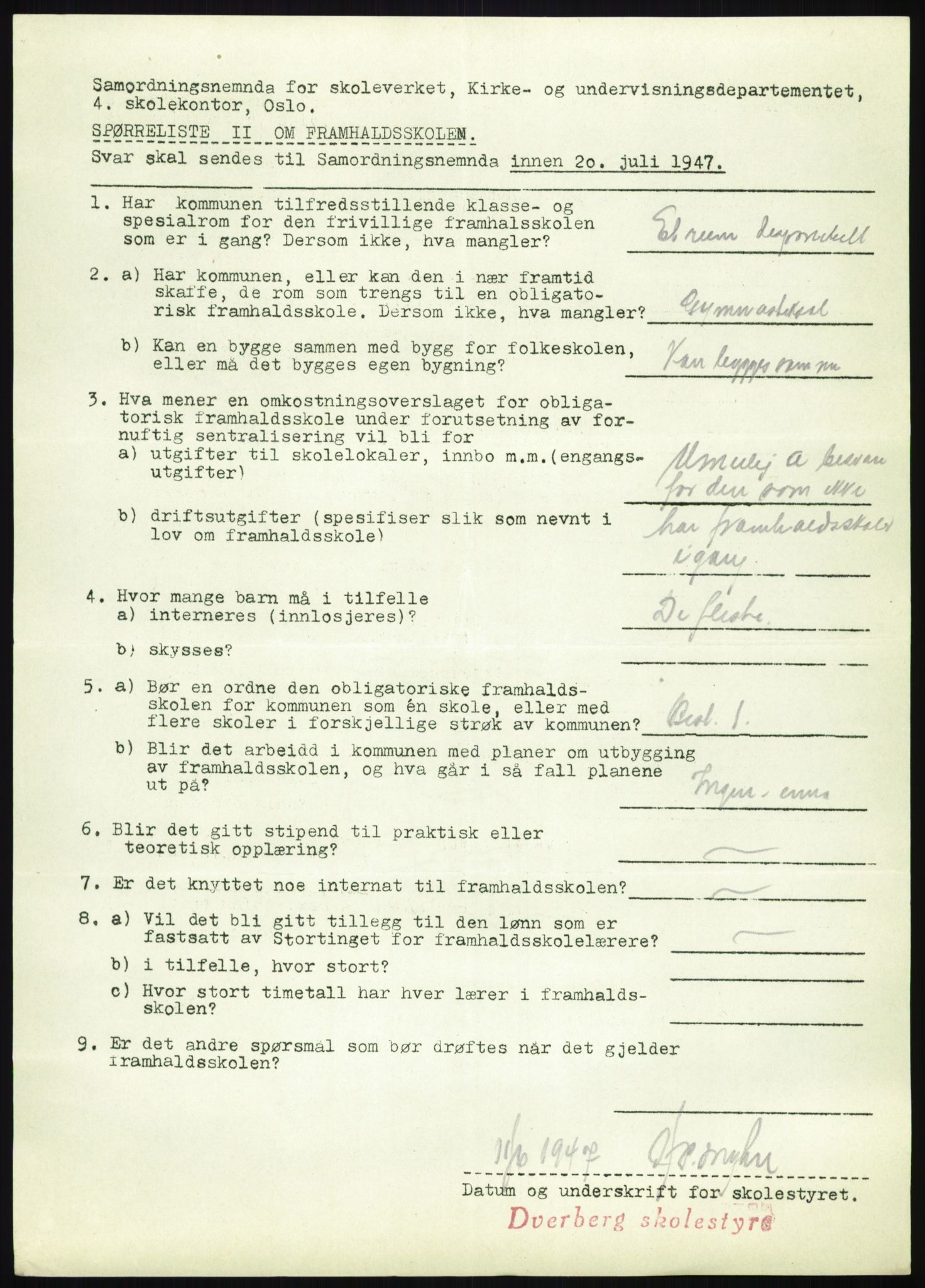 Kirke- og undervisningsdepartementet, Samordningsnemnda for skoleverket, RA/S-1146/D/L0008: Svar på spørreskjema fra kommuner i Nord-Trøndelag, Nordland, Troms og Finnmark, 1947, p. 333