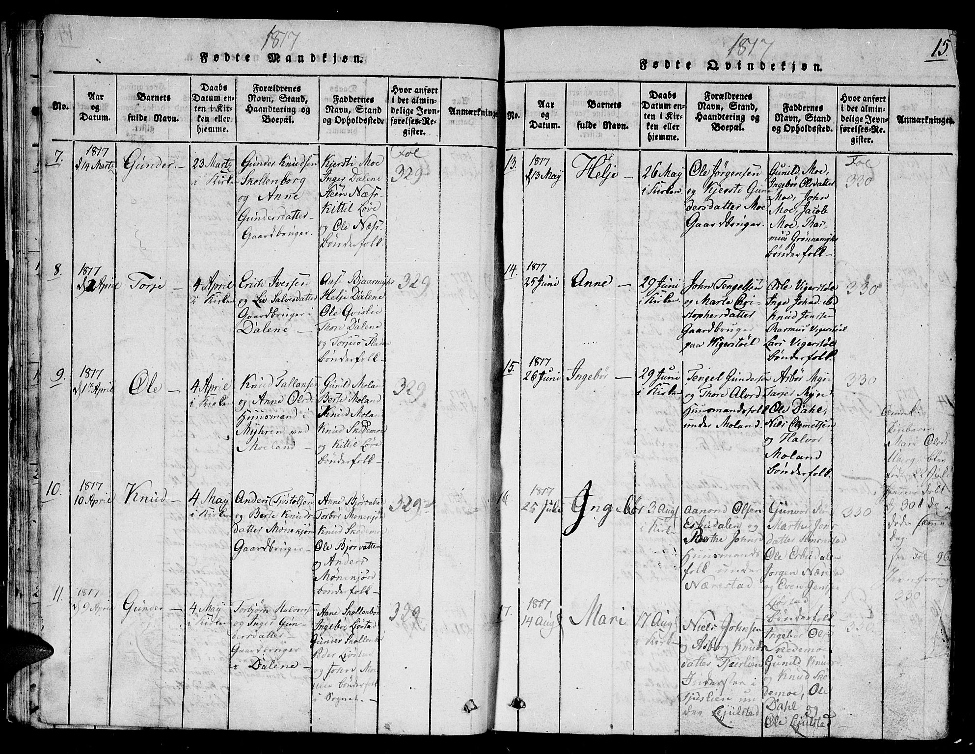 Gjerstad sokneprestkontor, AV/SAK-1111-0014/F/Fb/Fbb/L0001: Parish register (copy) no. B 1, 1813-1863, p. 15