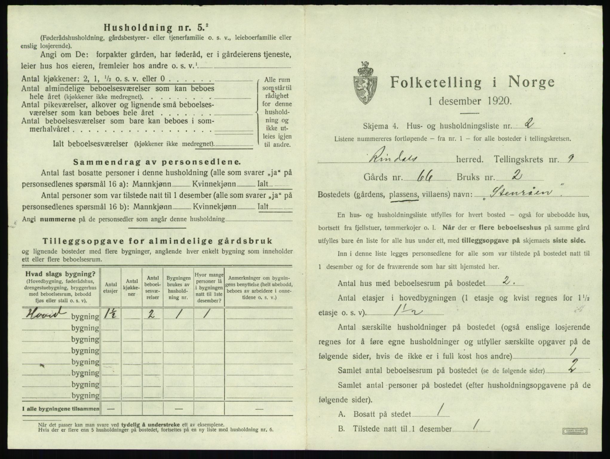SAT, 1920 census for Rindal, 1920, p. 628