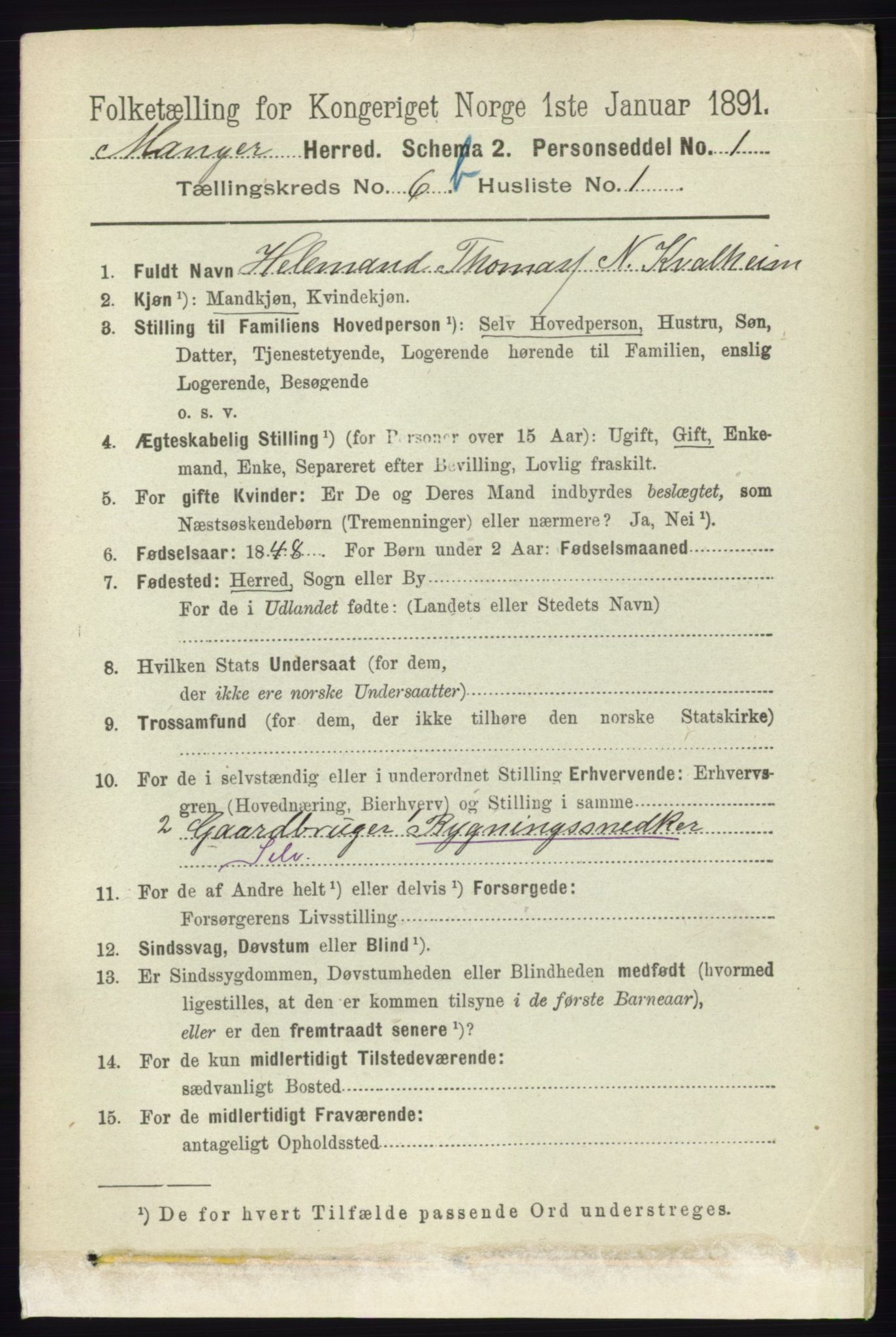 RA, 1891 census for 1261 Manger, 1891, p. 3991