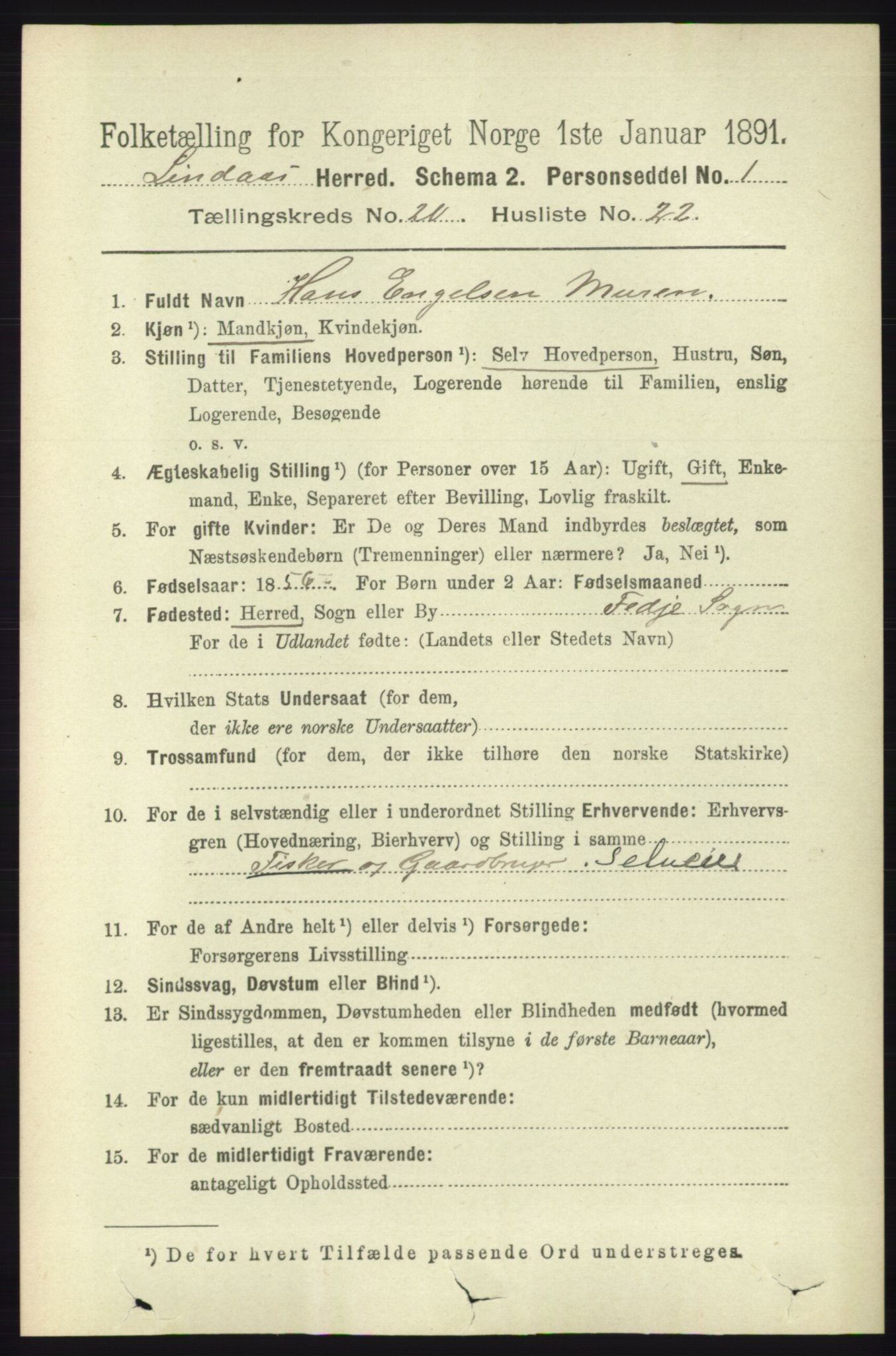 RA, 1891 census for 1263 Lindås, 1891, p. 7478