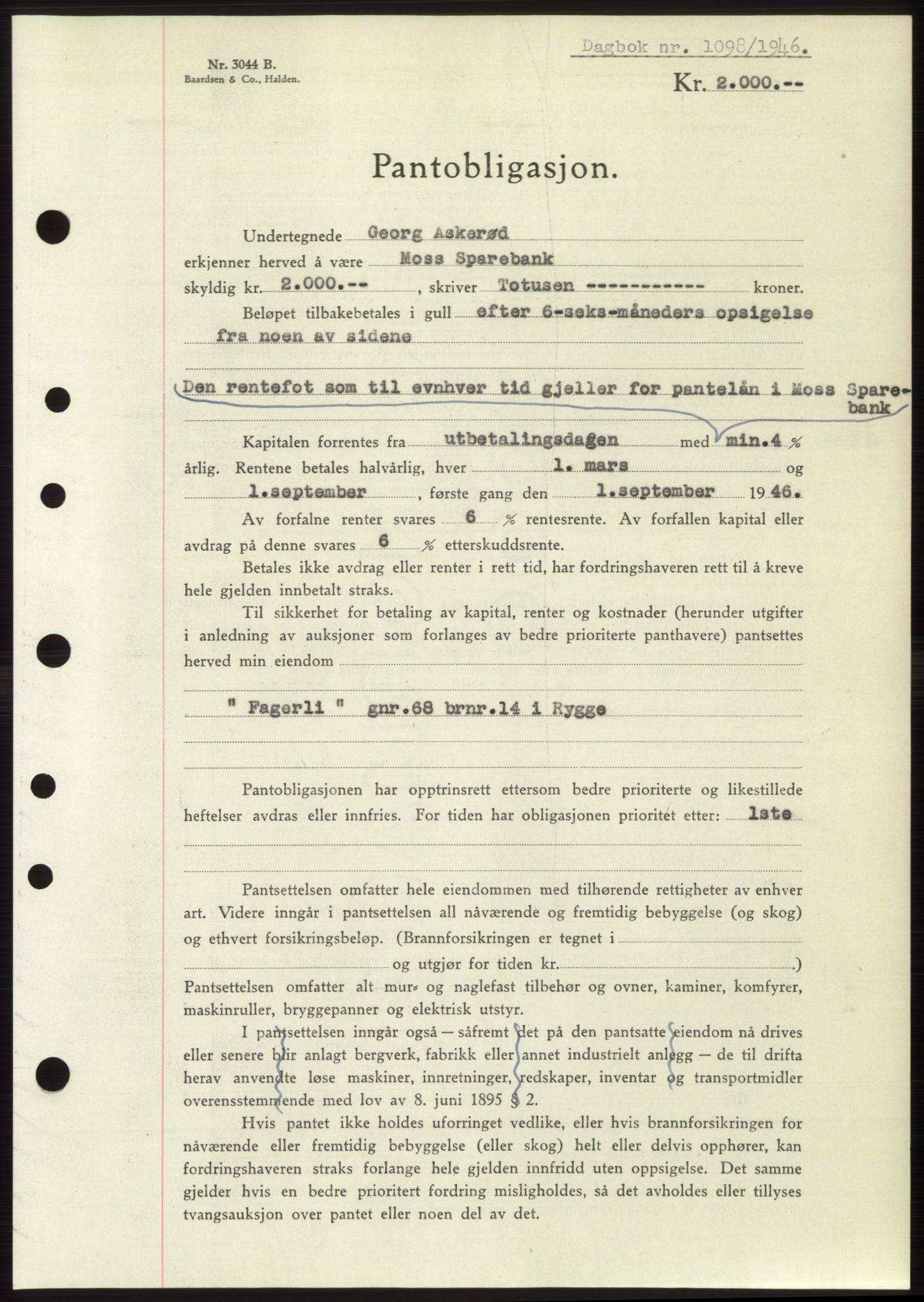 Moss sorenskriveri, AV/SAO-A-10168: Mortgage book no. B15, 1946-1946, Diary no: : 1098/1946