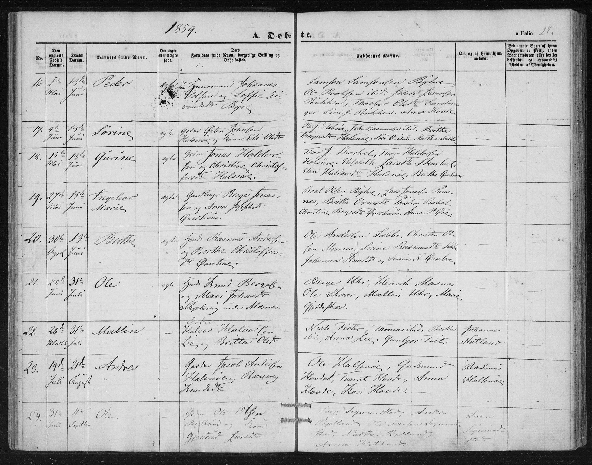 Hjelmeland sokneprestkontor, AV/SAST-A-101843/01/IV/L0010: Parish register (official) no. A 10, 1851-1871, p. 27