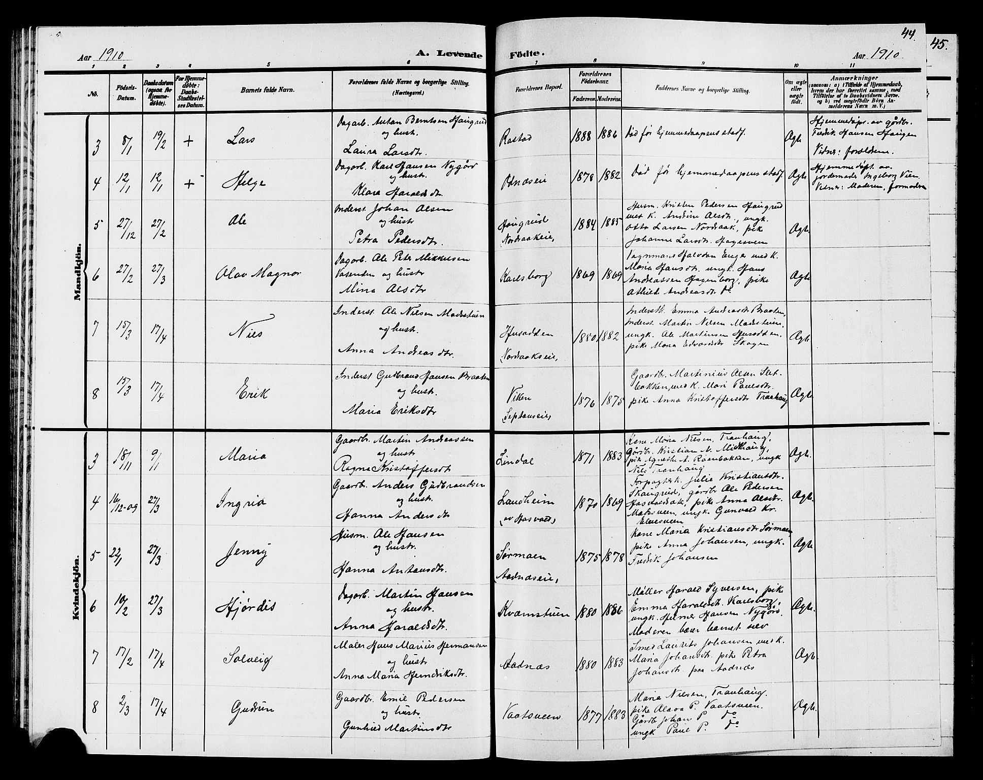 Søndre Land prestekontor, AV/SAH-PREST-122/L/L0005: Parish register (copy) no. 5, 1902-1911, p. 44