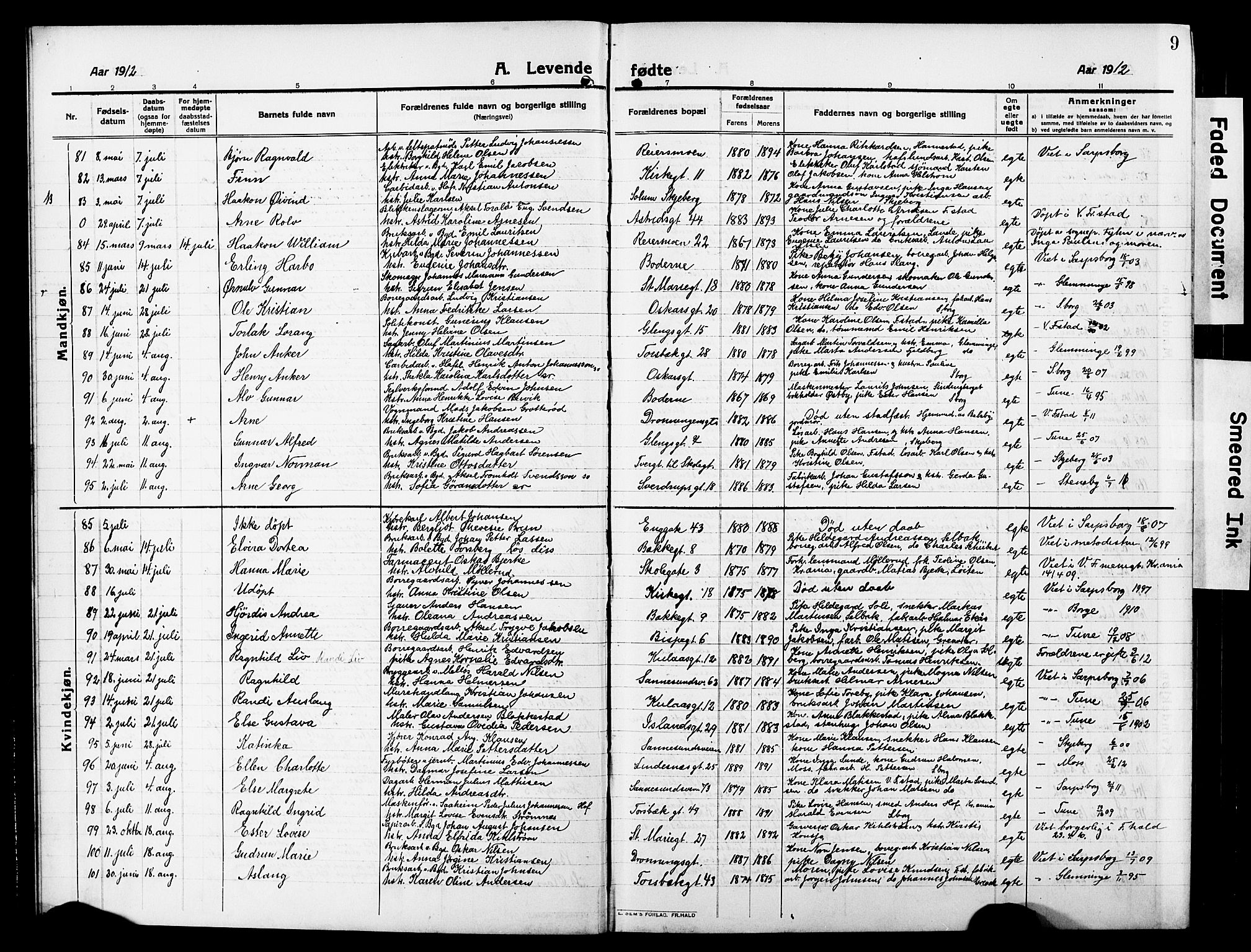 Sarpsborg prestekontor Kirkebøker, AV/SAO-A-2006/G/Ga/L0002: Parish register (copy) no. 2, 1912-1931, p. 9