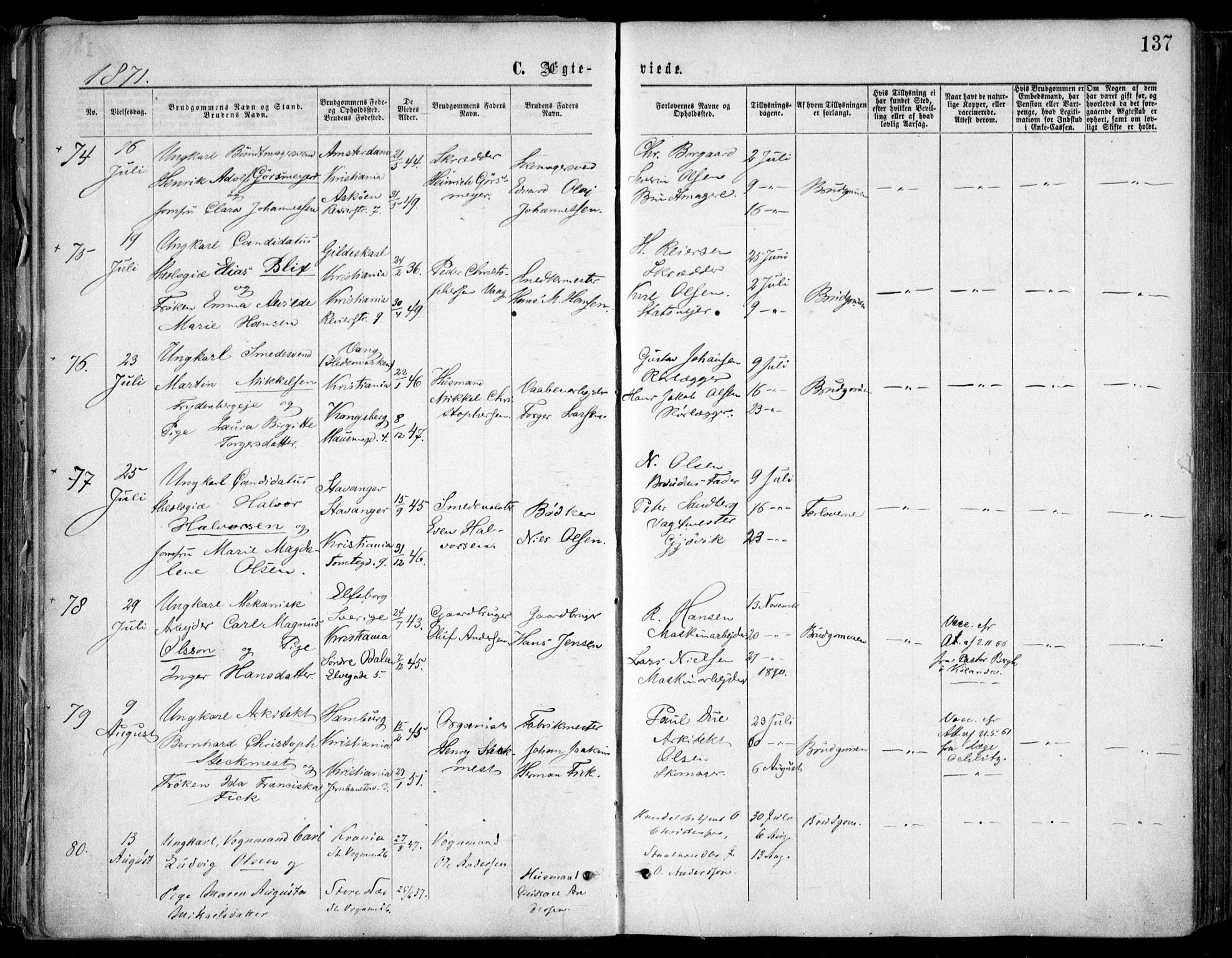 Oslo domkirke Kirkebøker, SAO/A-10752/F/Fa/L0021: Parish register (official) no. 21, 1865-1884, p. 137