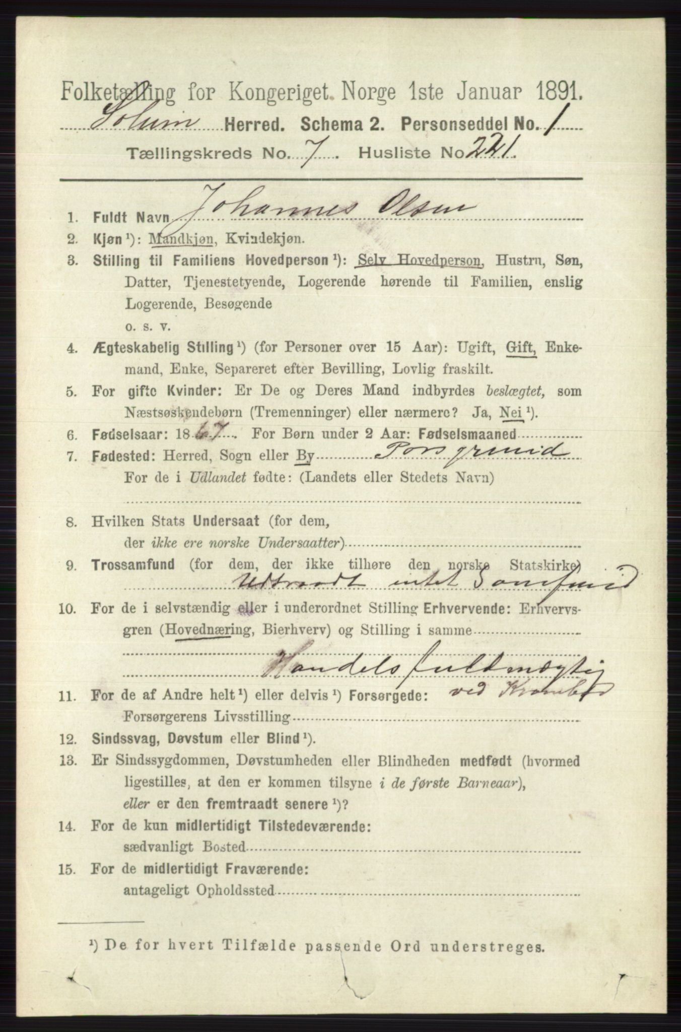 RA, 1891 census for 0818 Solum, 1891, p. 4017