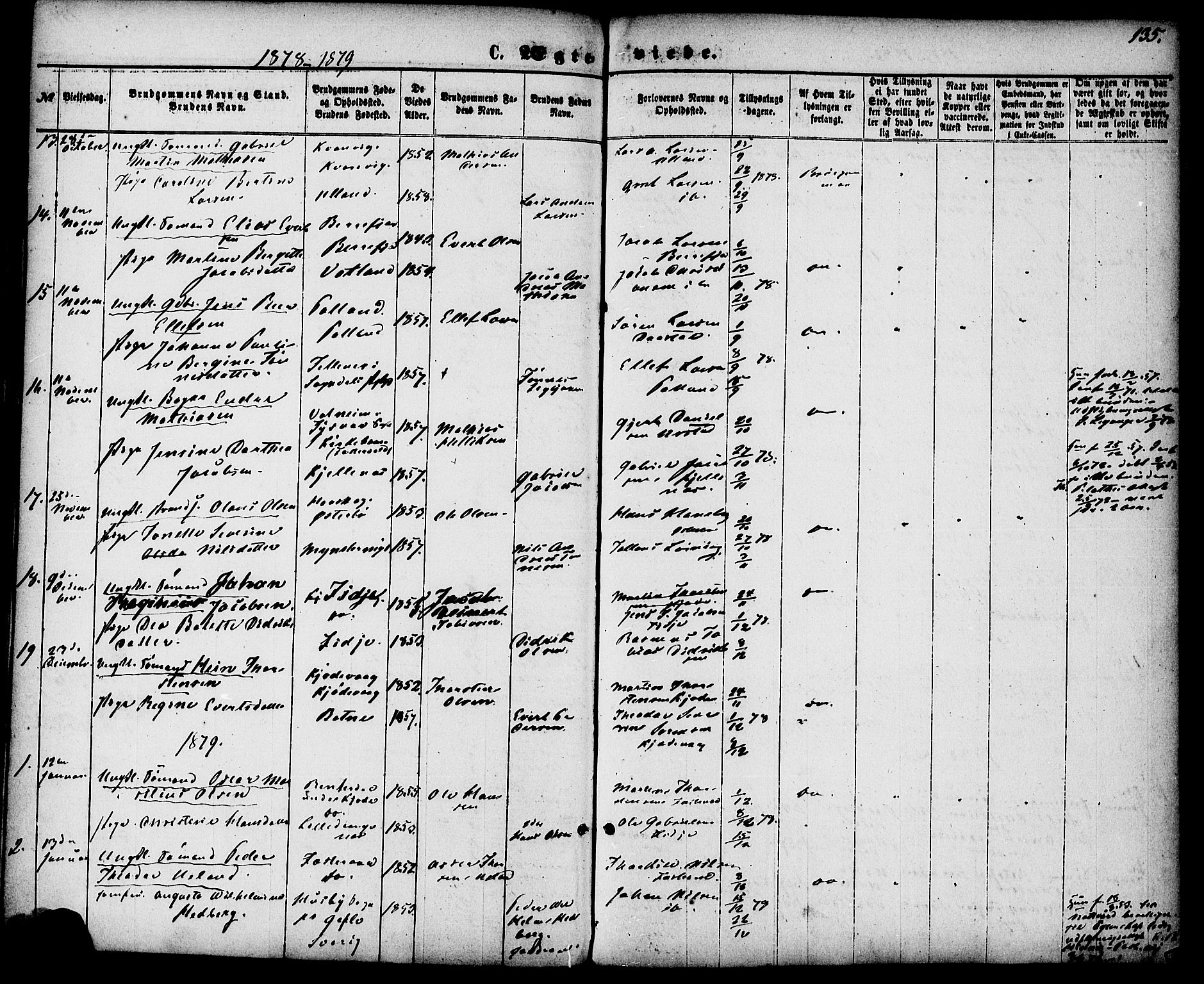 Flekkefjord sokneprestkontor, AV/SAK-1111-0012/F/Fa/Fab/L0005: Parish register (official) no. A 5, 1870-1886, p. 135