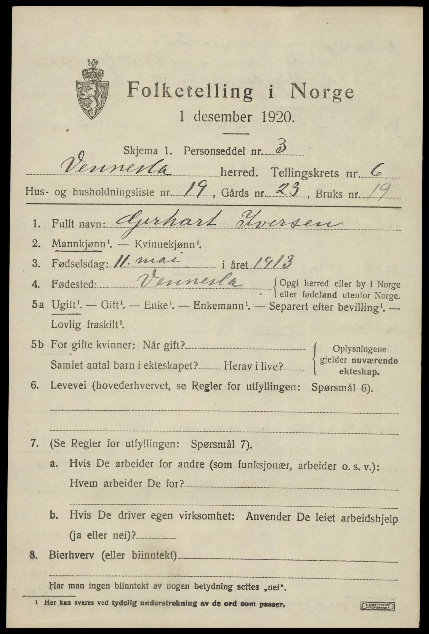SAK, 1920 census for Vennesla, 1920, p. 4538