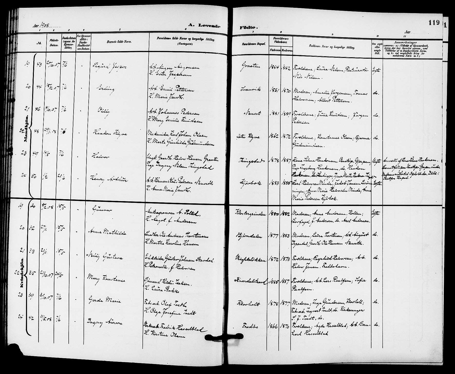 Solum kirkebøker, SAKO/A-306/G/Ga/L0008: Parish register (copy) no. I 8, 1898-1909, p. 119
