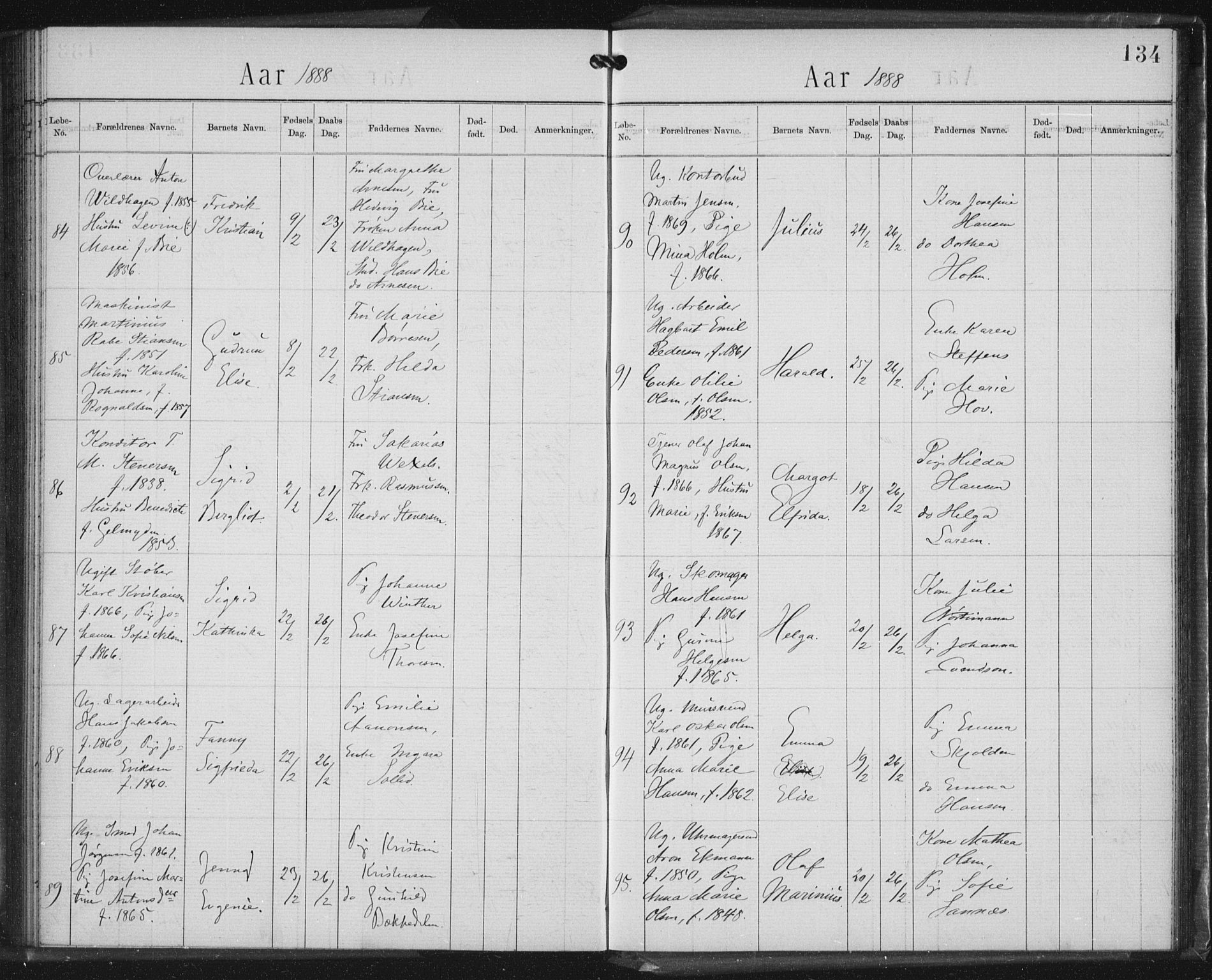 Rikshospitalet prestekontor Kirkebøker, SAO/A-10309b/K/L0003/0002: Baptism register no. 3.2, 1884-1889, p. 134