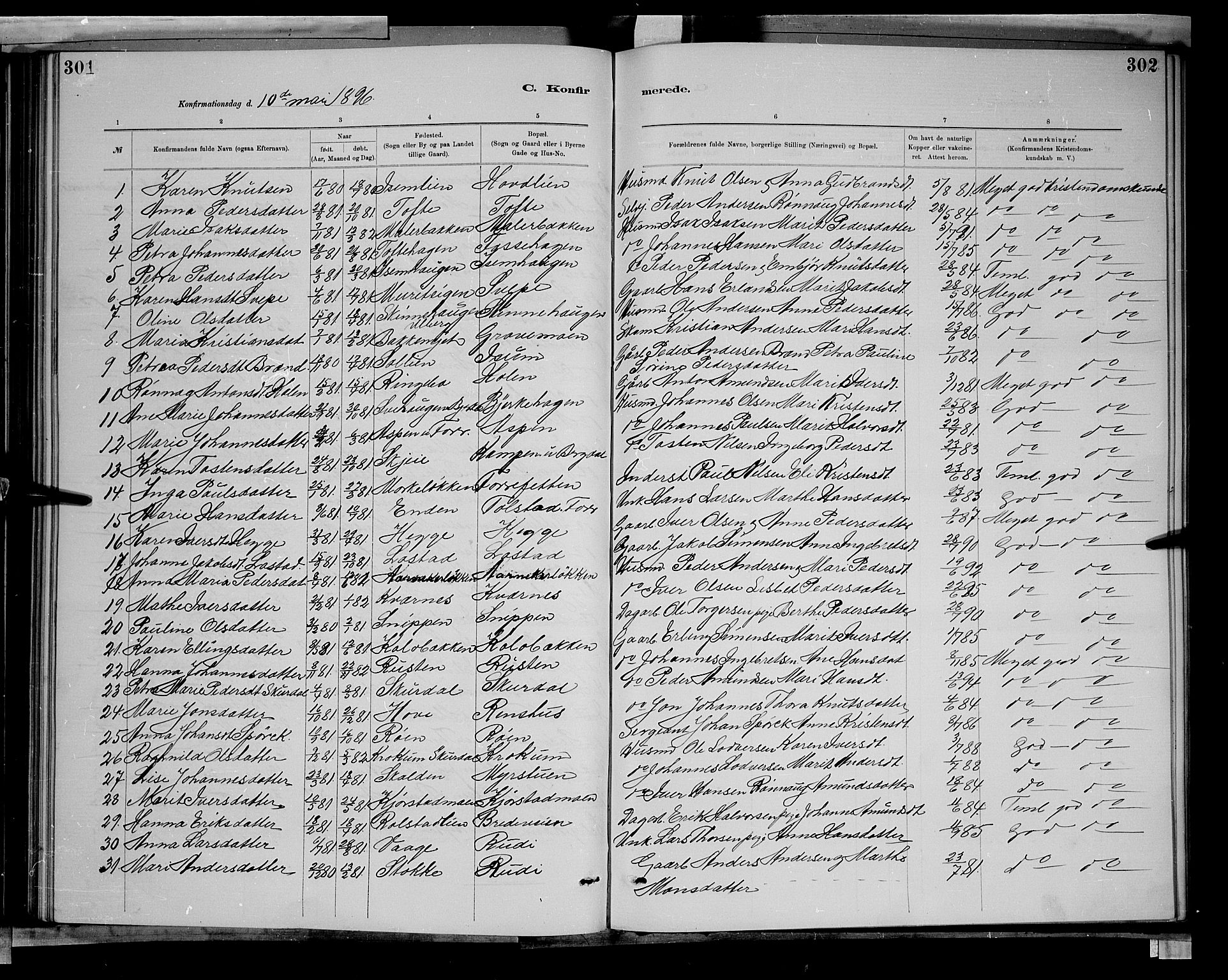 Sør-Fron prestekontor, SAH/PREST-010/H/Ha/Hab/L0003: Parish register (copy) no. 3, 1884-1896, p. 301-302