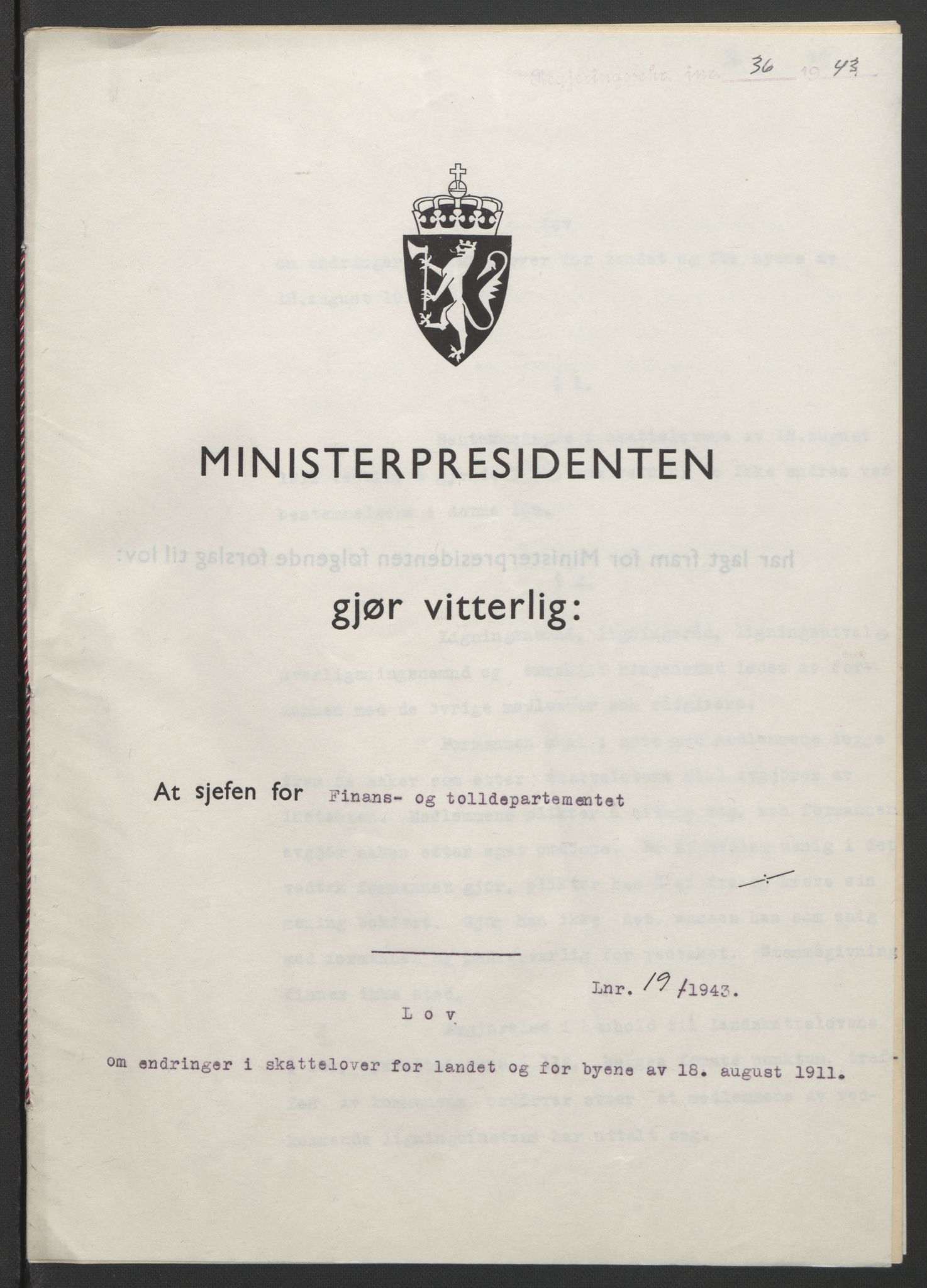 NS-administrasjonen 1940-1945 (Statsrådsekretariatet, de kommisariske statsråder mm), RA/S-4279/D/Db/L0099: Lover, 1943, p. 76