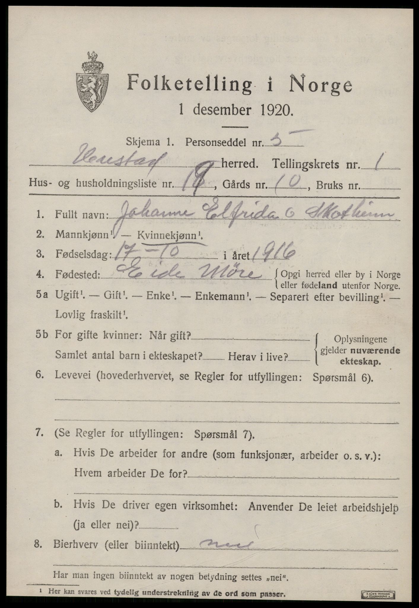 SAT, 1920 census for Hustad, 1920, p. 953