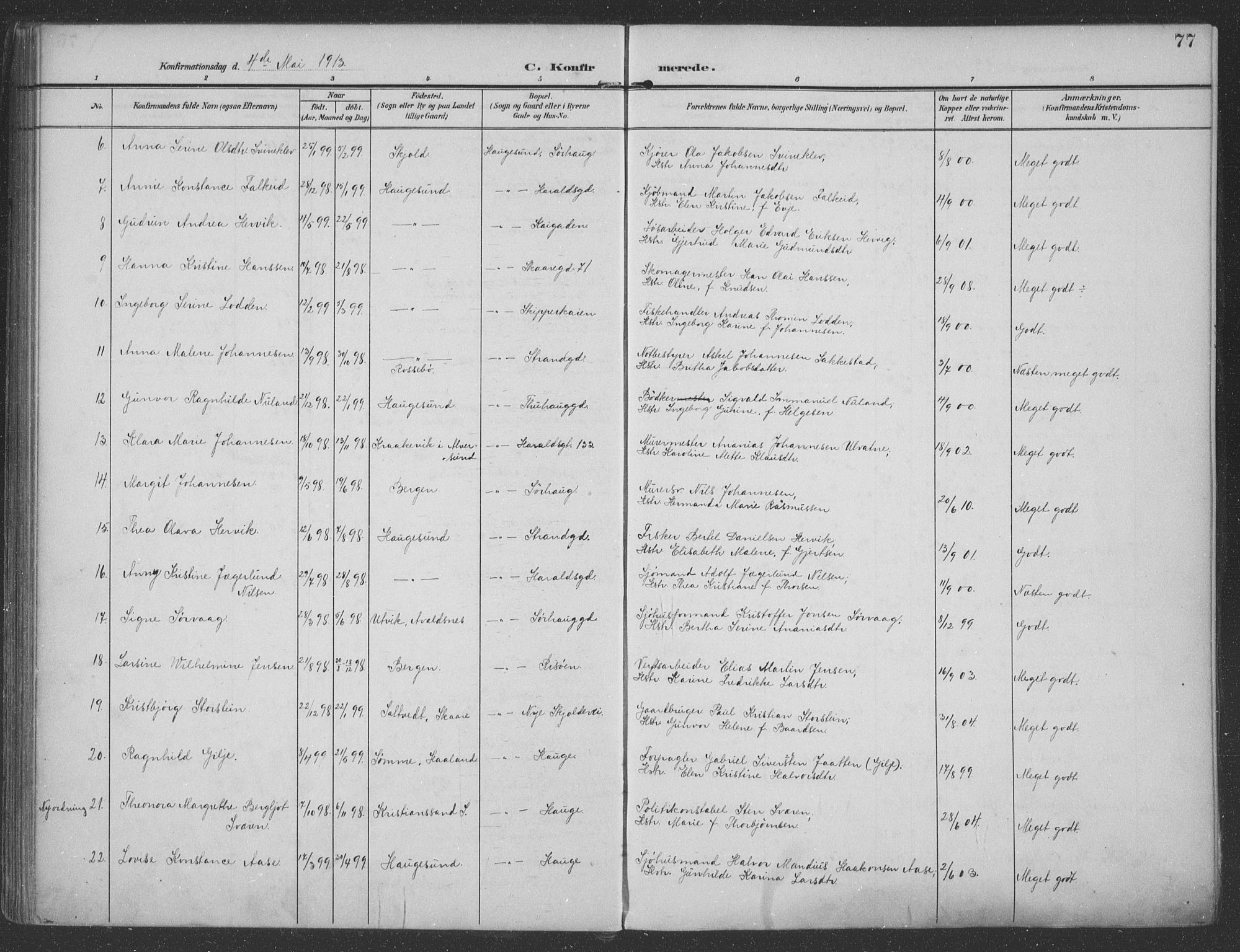 Haugesund sokneprestkontor, AV/SAST-A -101863/H/Ha/Haa/L0007: Parish register (official) no. A 7, 1904-1916, p. 77