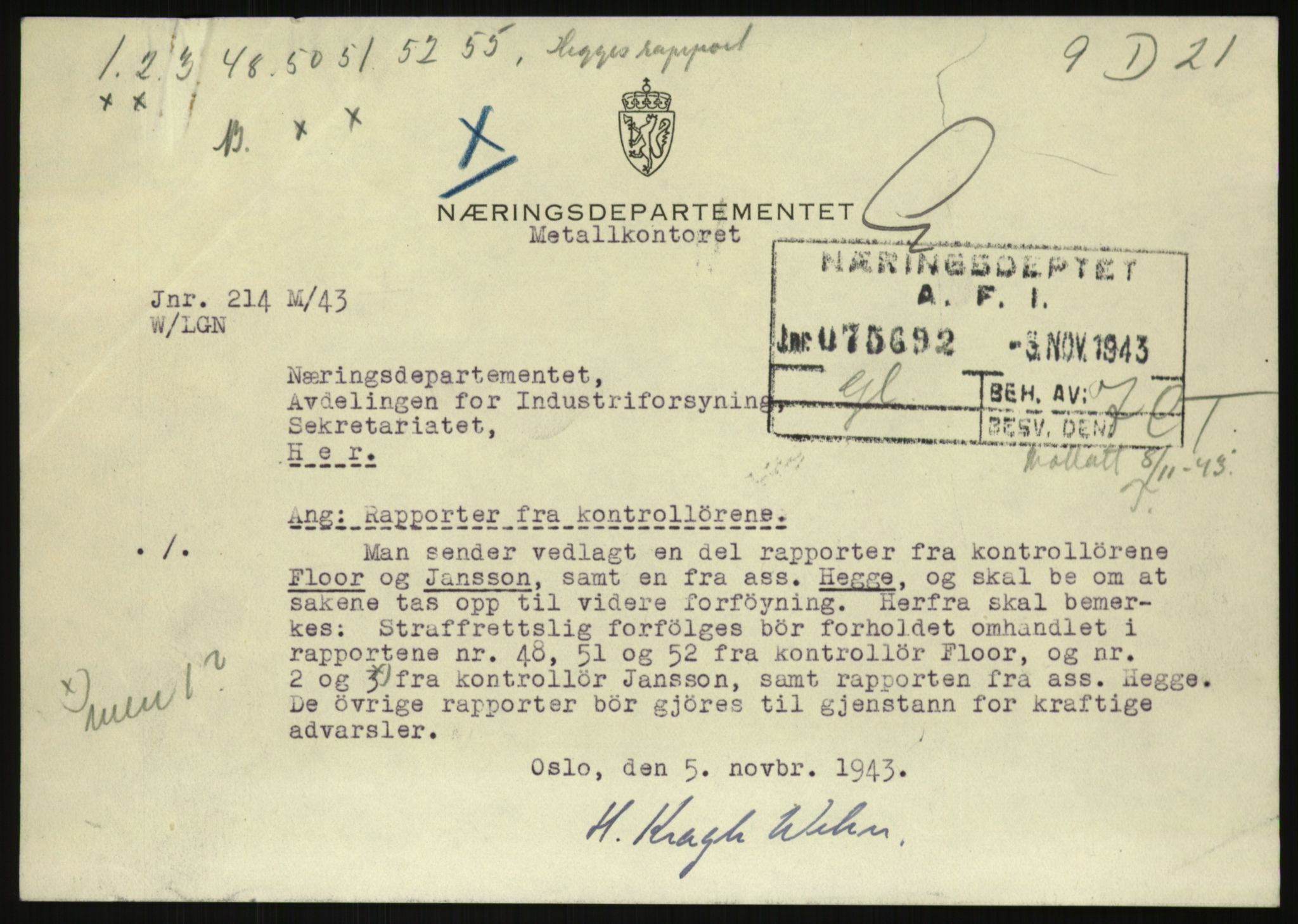 Direktoratet for industriforsyning, Sekretariatet, AV/RA-S-4153/D/Df/L0054: 9. Metallkontoret, 1940-1945, p. 2621