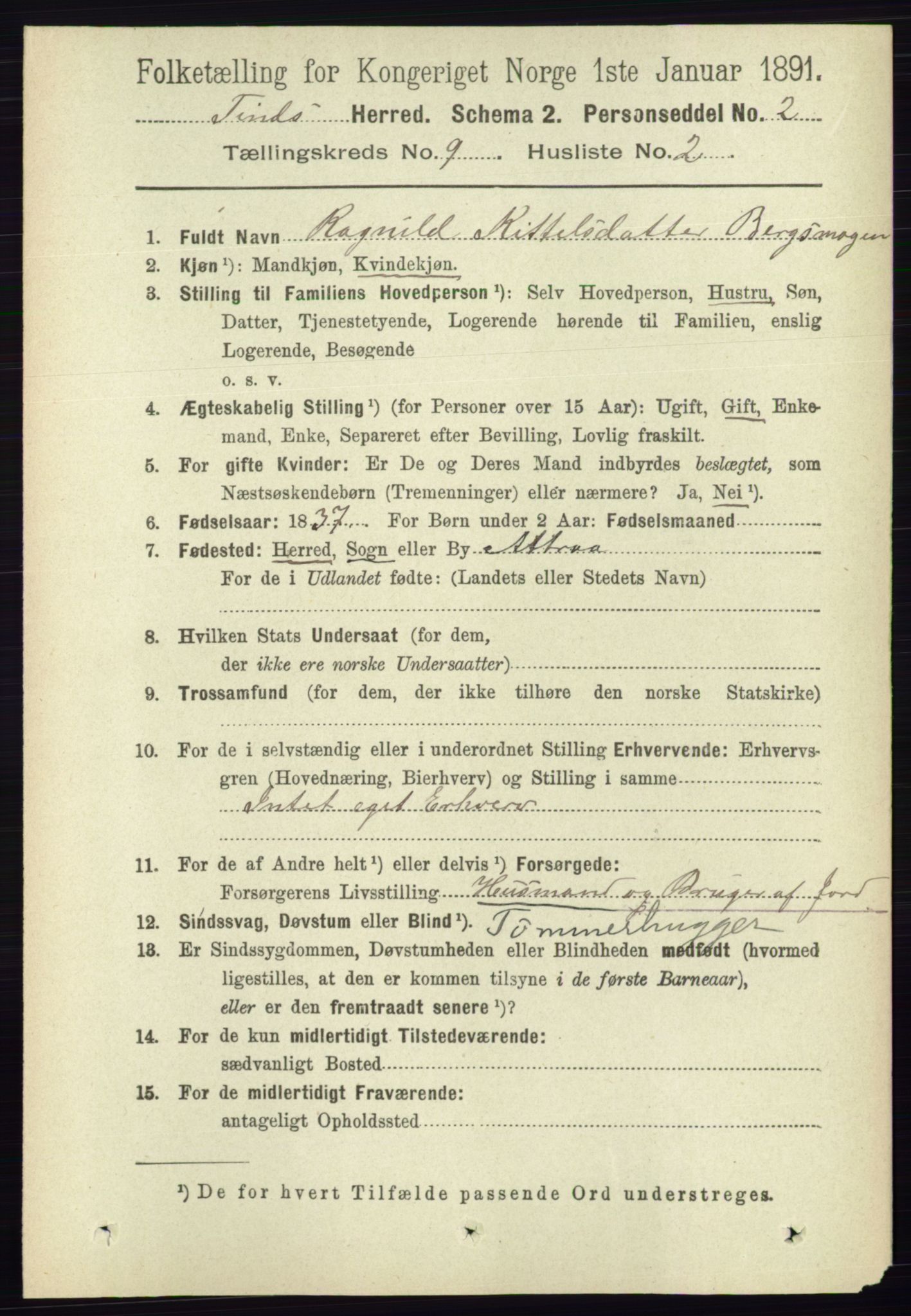 RA, 1891 census for 0826 Tinn, 1891, p. 1825