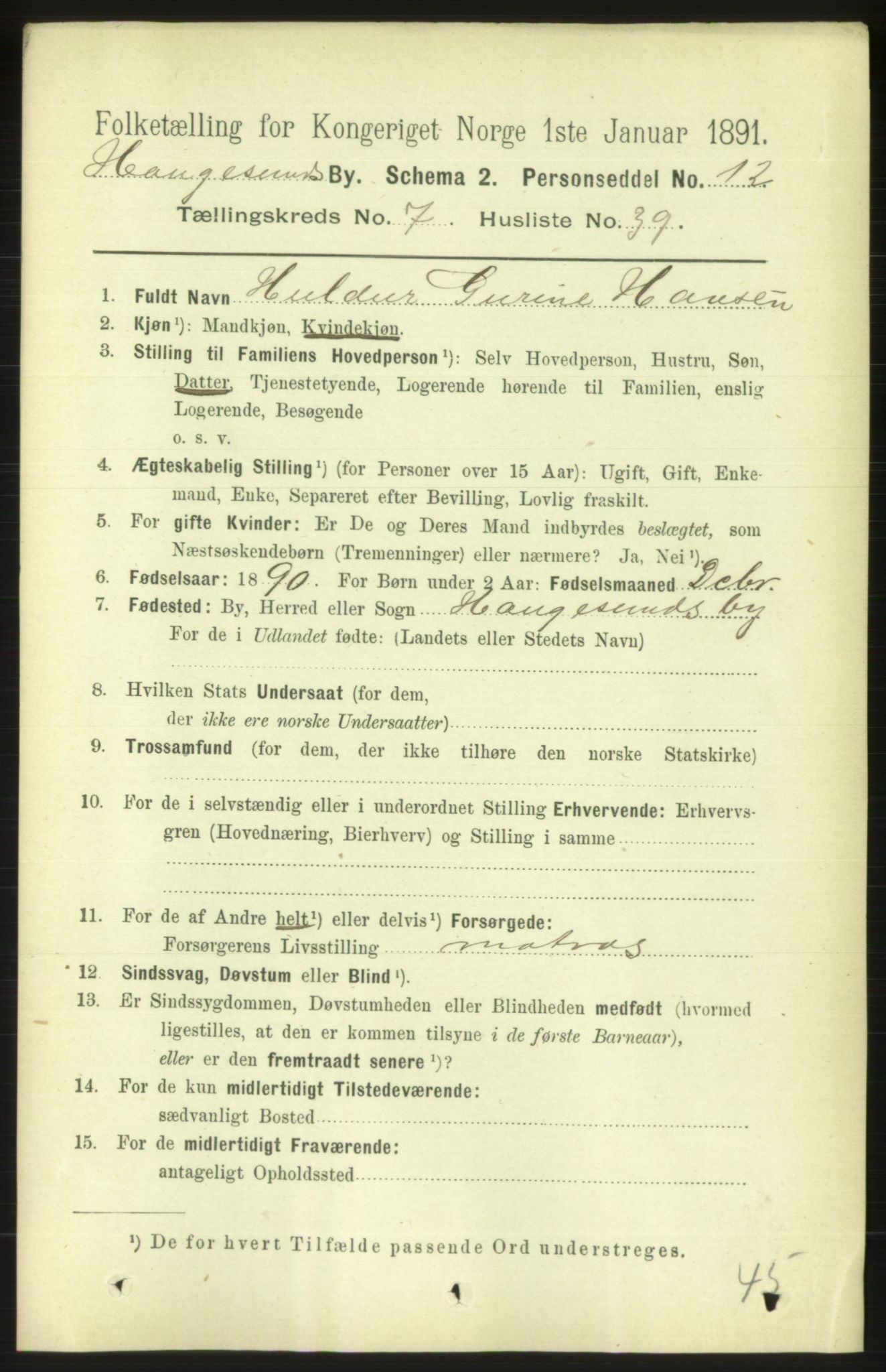 RA, 1891 census for 1106 Haugesund, 1891, p. 3544