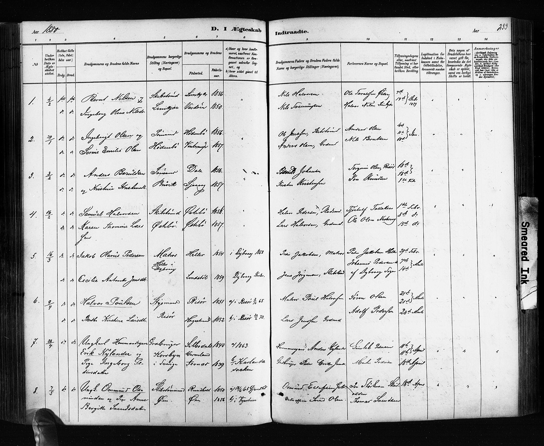 Søndeled sokneprestkontor, AV/SAK-1111-0038/F/Fa/L0004: Parish register (official) no. A 4, 1880-1889, p. 233