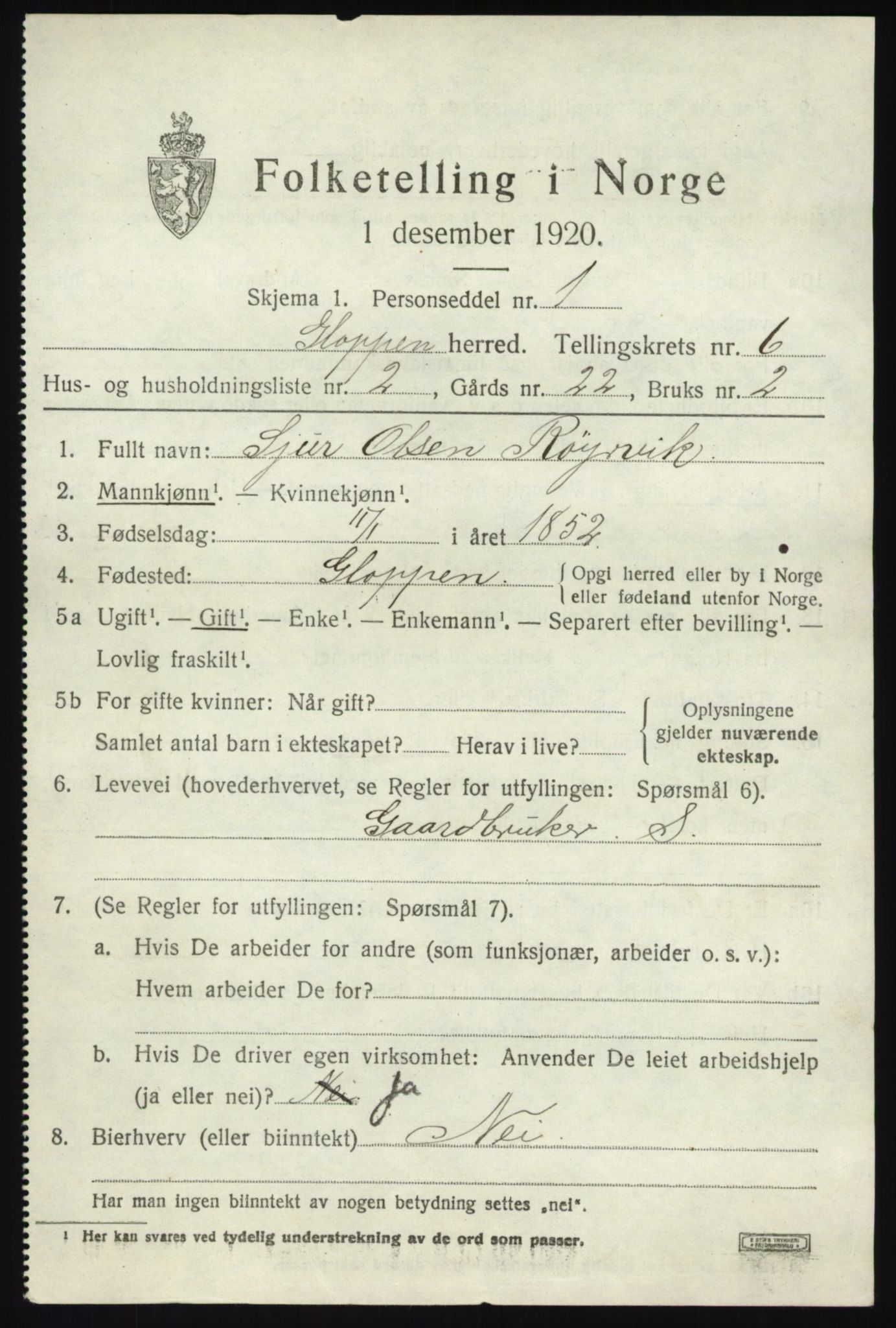 SAB, 1920 census for Gloppen, 1920, p. 3716