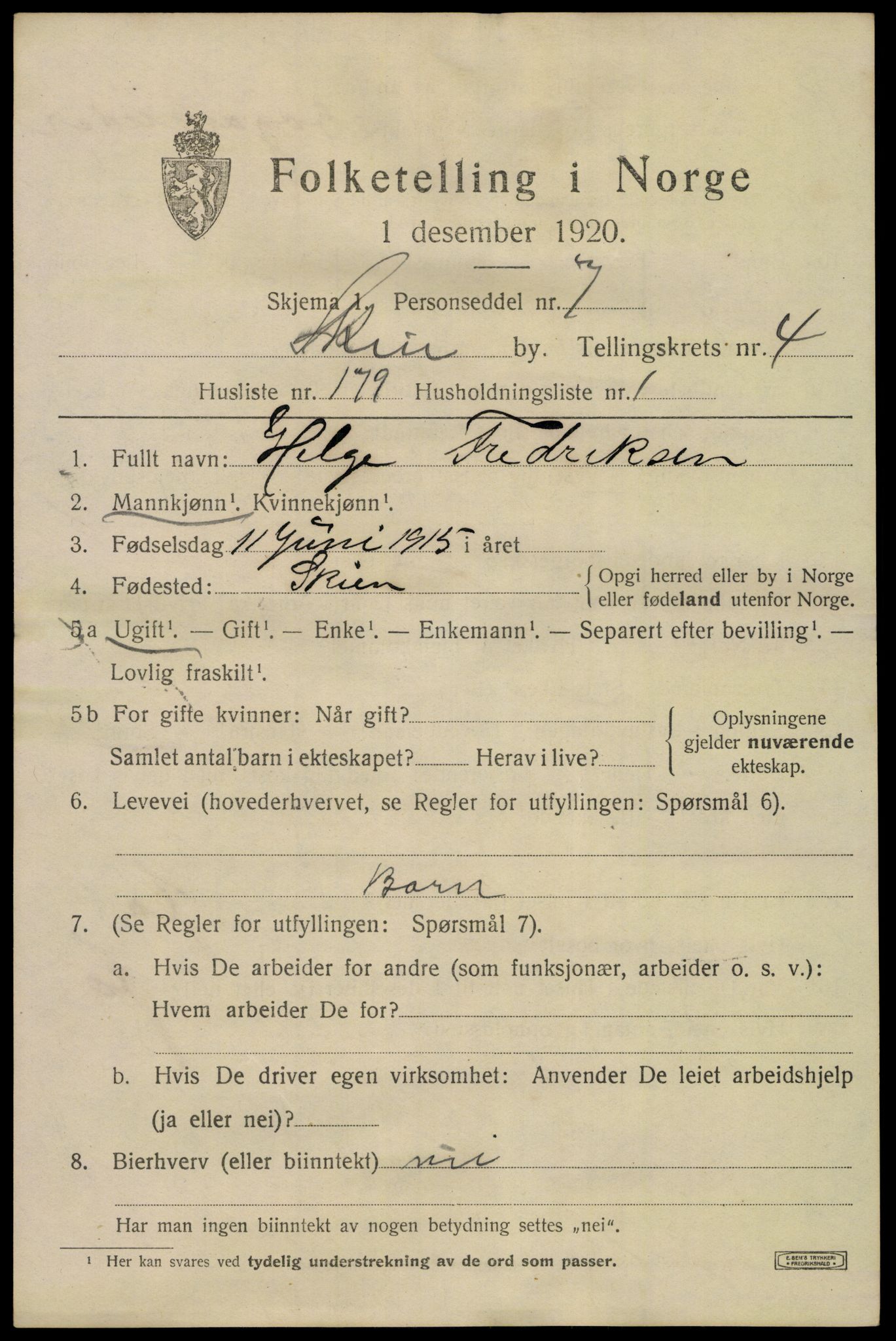 SAKO, 1920 census for Skien, 1920, p. 19484