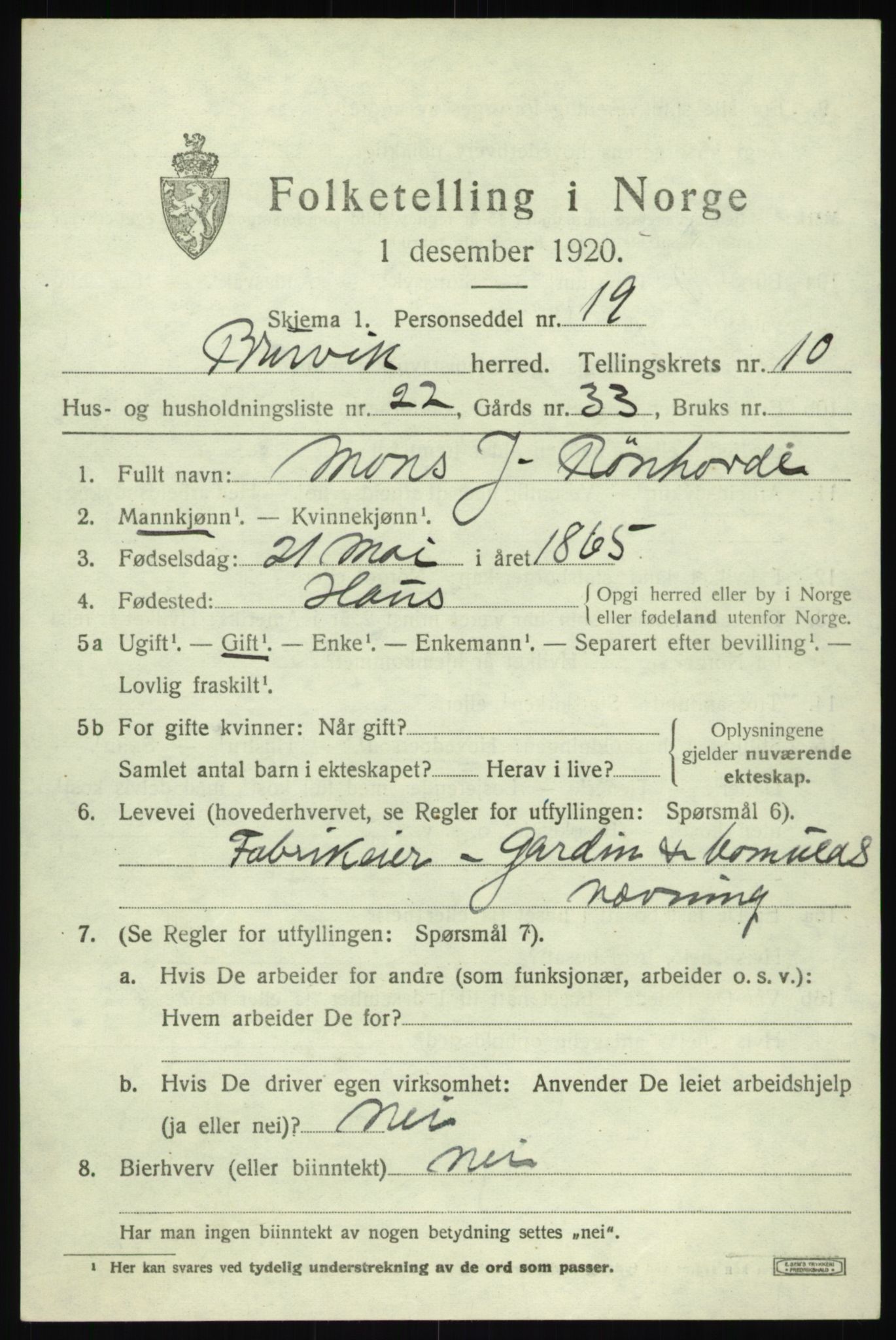 SAB, 1920 census for Bruvik, 1920, p. 7508