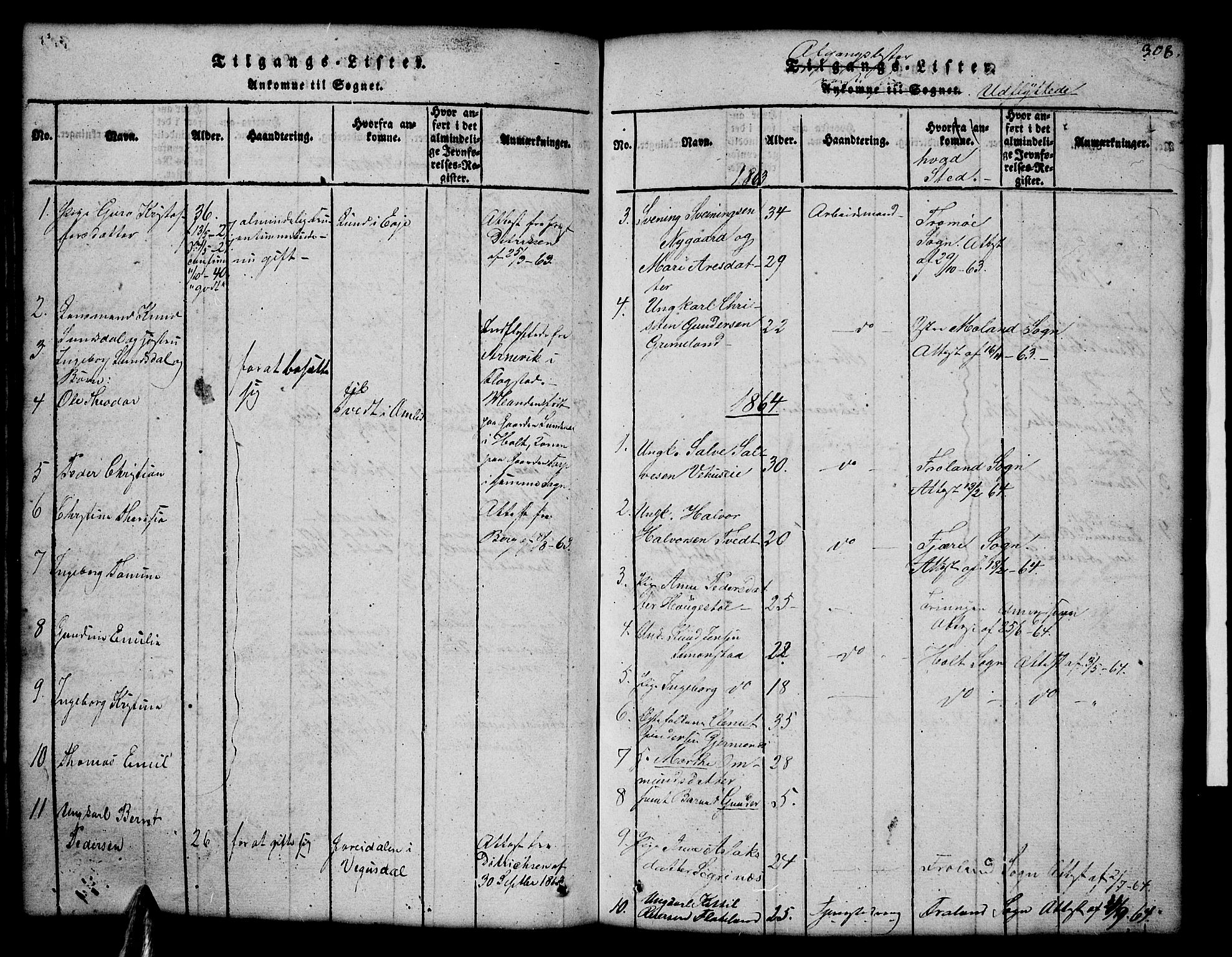 Åmli sokneprestkontor, SAK/1111-0050/F/Fb/Fbc/L0001: Parish register (copy) no. B 1, 1816-1867, p. 308
