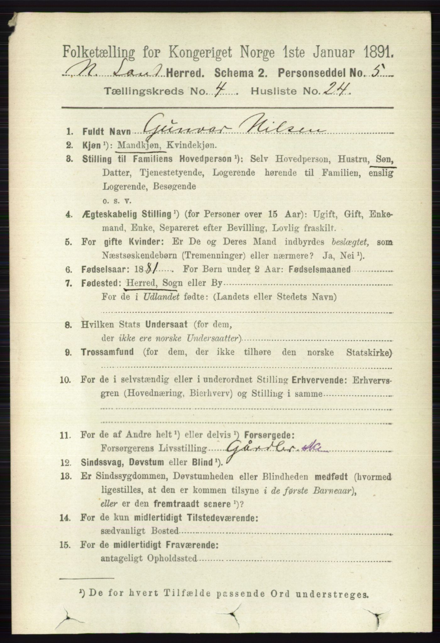 RA, 1891 census for 0538 Nordre Land, 1891, p. 1449