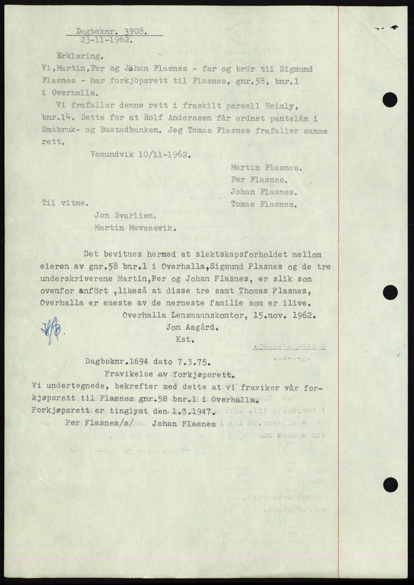 Namdal sorenskriveri, AV/SAT-A-4133/1/2/2C: Mortgage book no. -, 1946-1947, Diary no: : 1694/1947