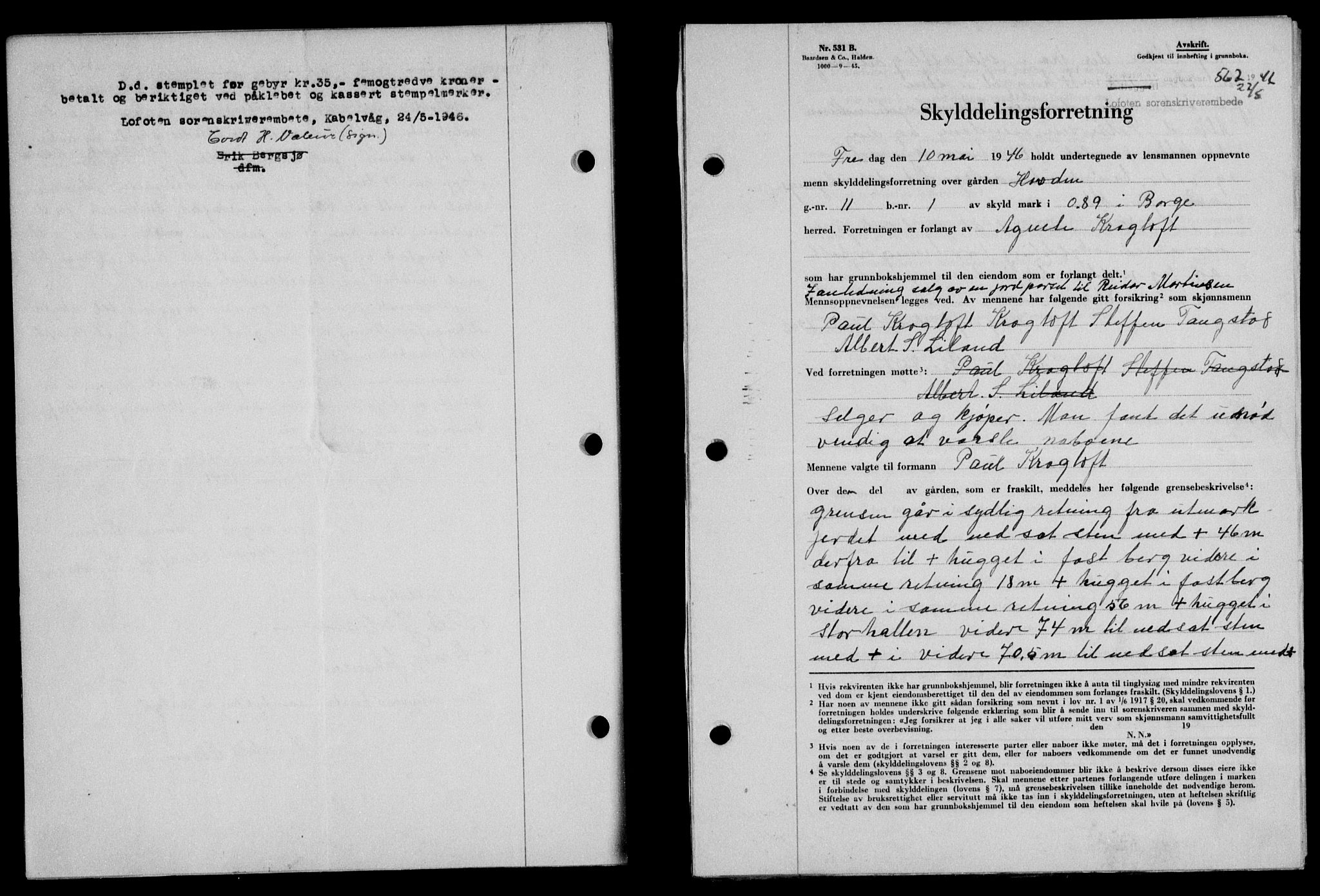 Lofoten sorenskriveri, SAT/A-0017/1/2/2C/L0014a: Mortgage book no. 14a, 1946-1946, Diary no: : 562/1946