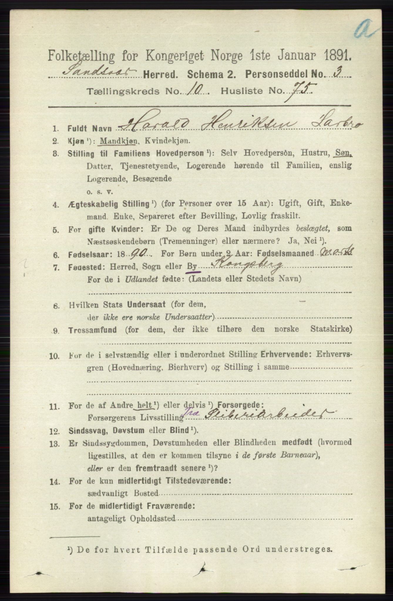 RA, 1891 census for 0629 Sandsvær, 1891, p. 5401
