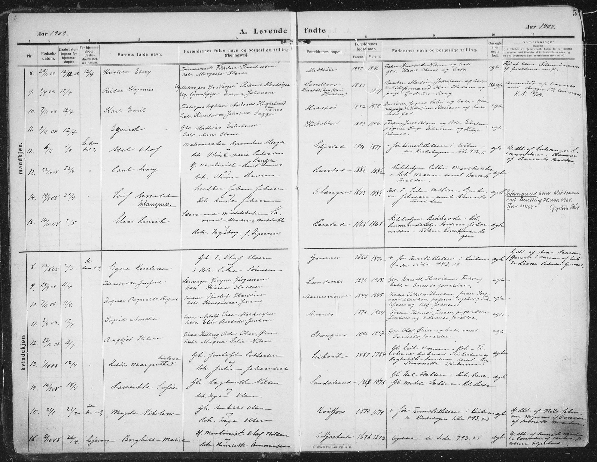 Trondenes sokneprestkontor, SATØ/S-1319/H/Ha/L0018kirke: Parish register (official) no. 18, 1909-1918, p. 5
