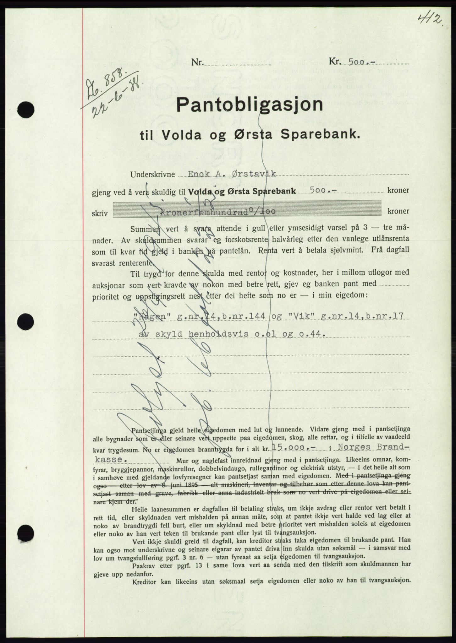 Søre Sunnmøre sorenskriveri, AV/SAT-A-4122/1/2/2C/L0065: Mortgage book no. 59, 1938-1938, Diary no: : 858/1938