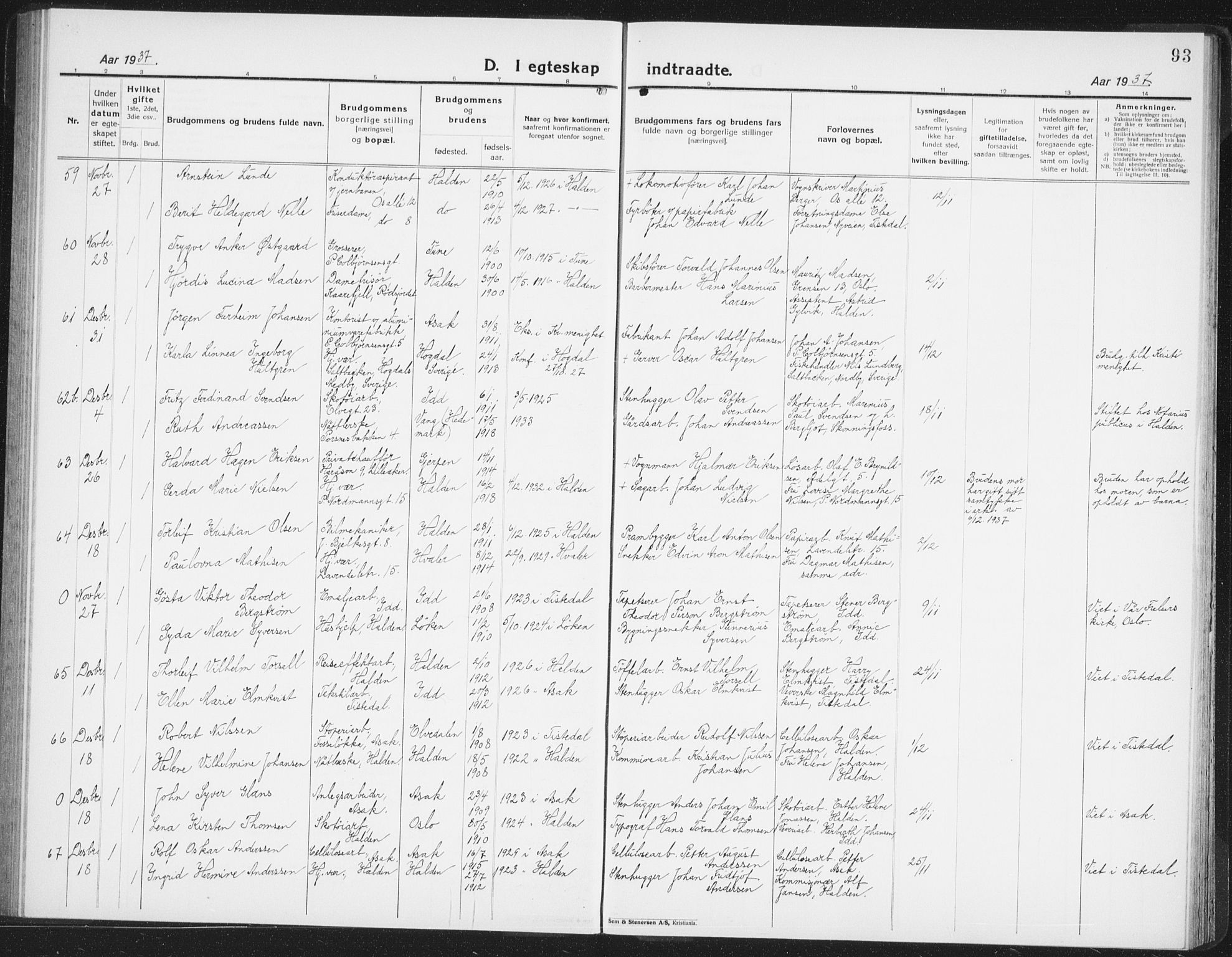 Halden prestekontor Kirkebøker, SAO/A-10909/G/Ga/L0014: Parish register (copy) no. 14, 1925-1943, p. 93