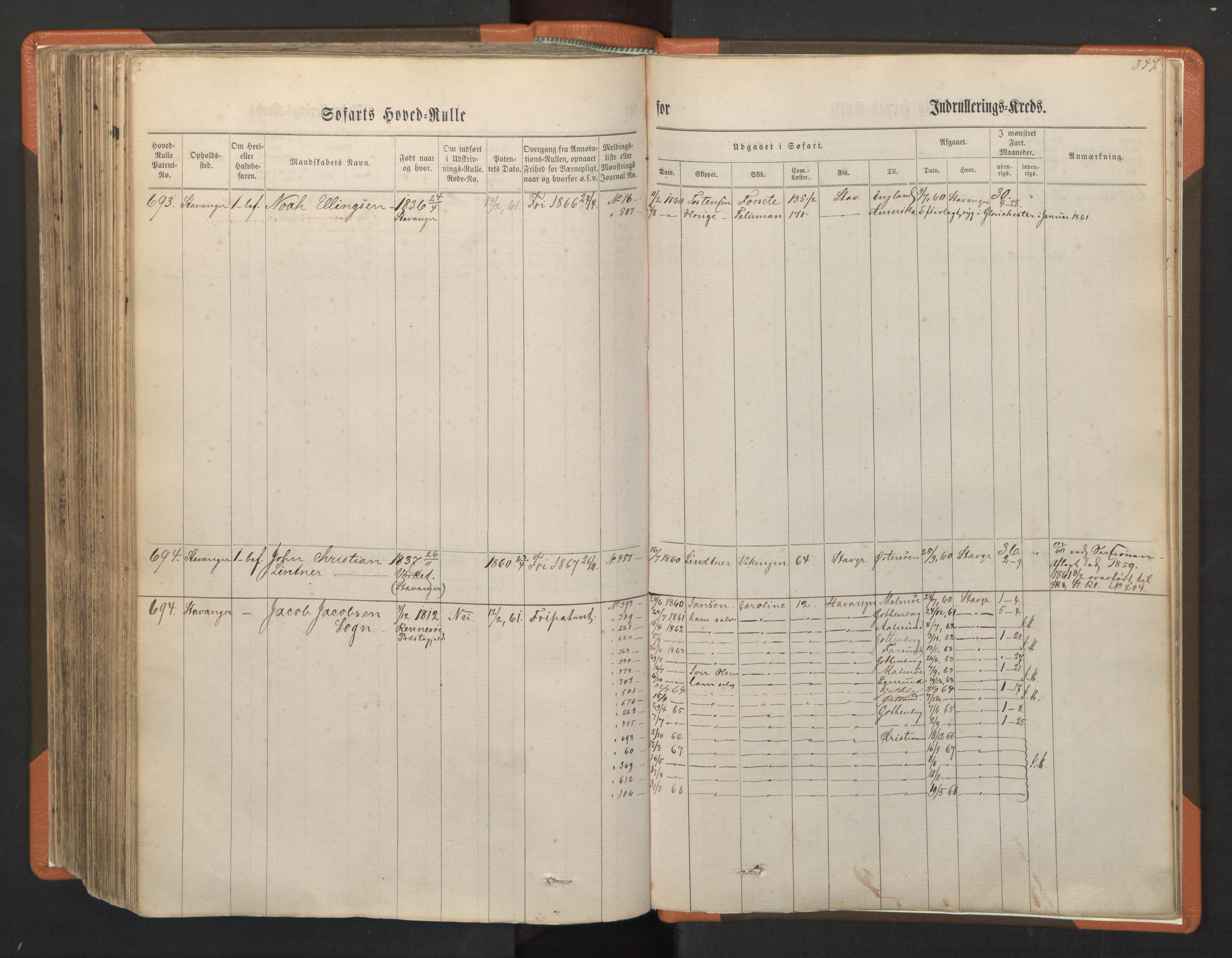 Stavanger sjømannskontor, AV/SAST-A-102006/F/Fb/Fbb/L0001: Sjøfartshovedrulle, patentnr. 1-720 (del 1), 1860-1863, p. 351