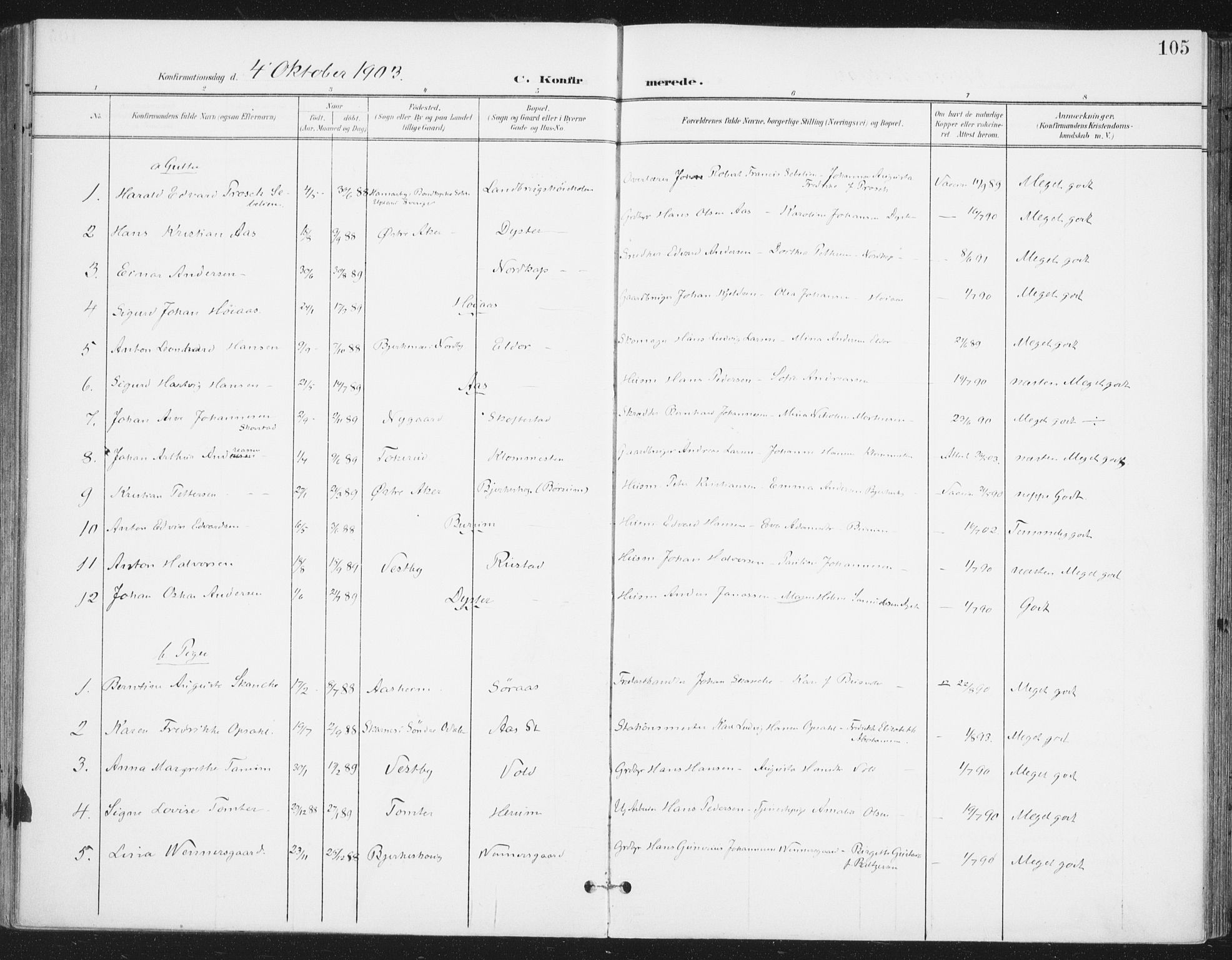 Ås prestekontor Kirkebøker, SAO/A-10894/F/Fa/L0010: Parish register (official) no. I 10, 1900-1918, p. 105