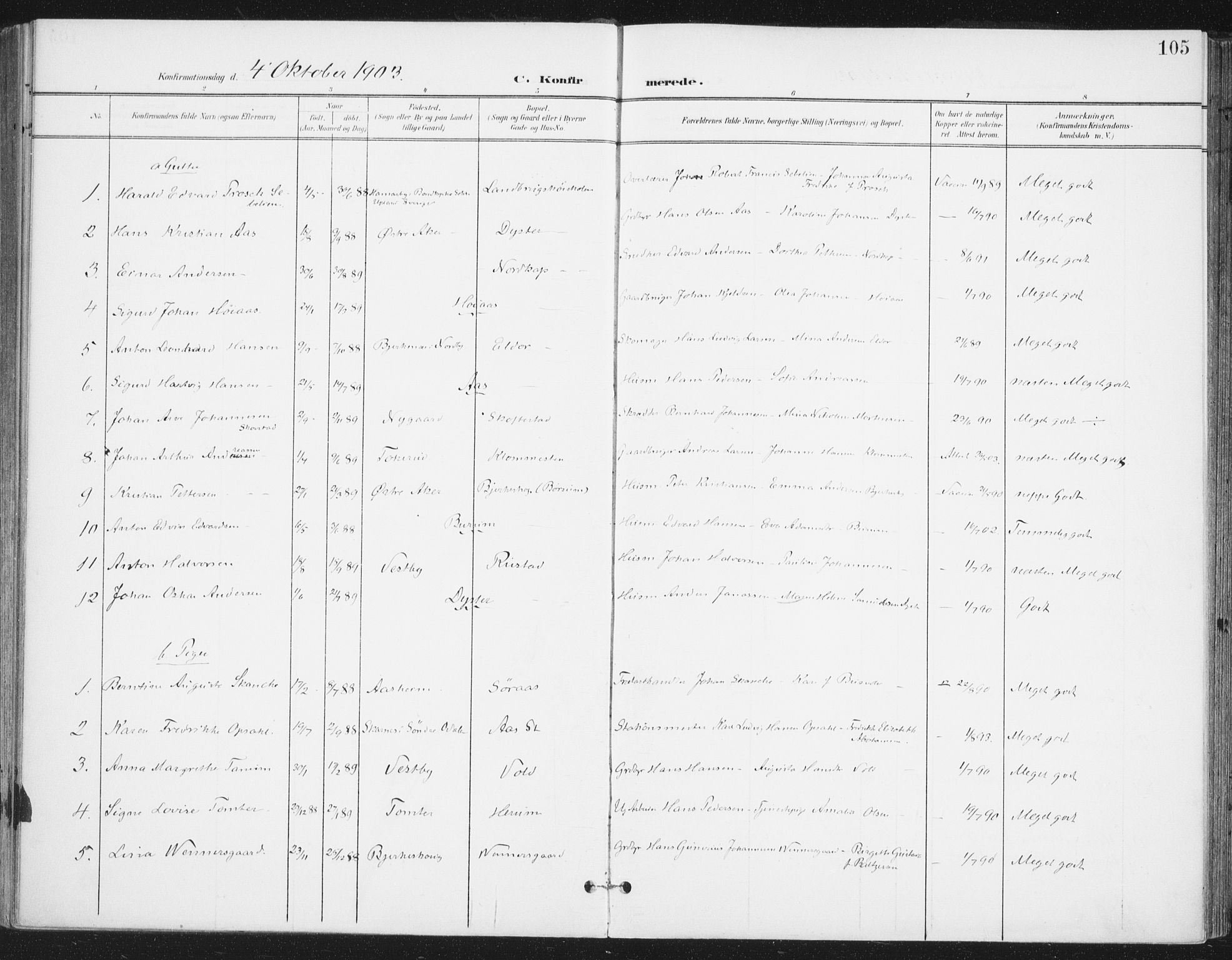 Ås prestekontor Kirkebøker, AV/SAO-A-10894/F/Fa/L0010: Parish register (official) no. I 10, 1900-1918, p. 105