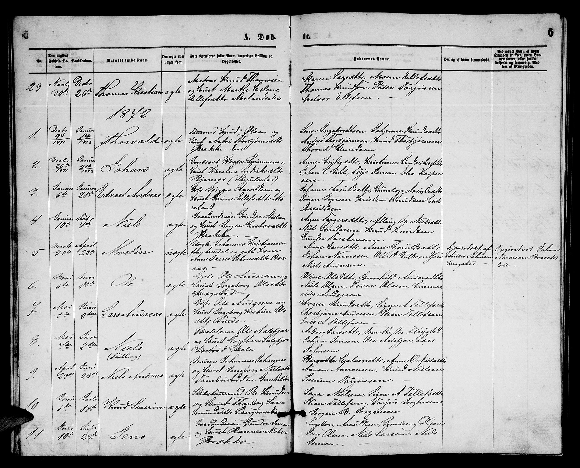 Austre Moland sokneprestkontor, SAK/1111-0001/F/Fb/Fba/L0002: Parish register (copy) no. B 2, 1869-1879, p. 6