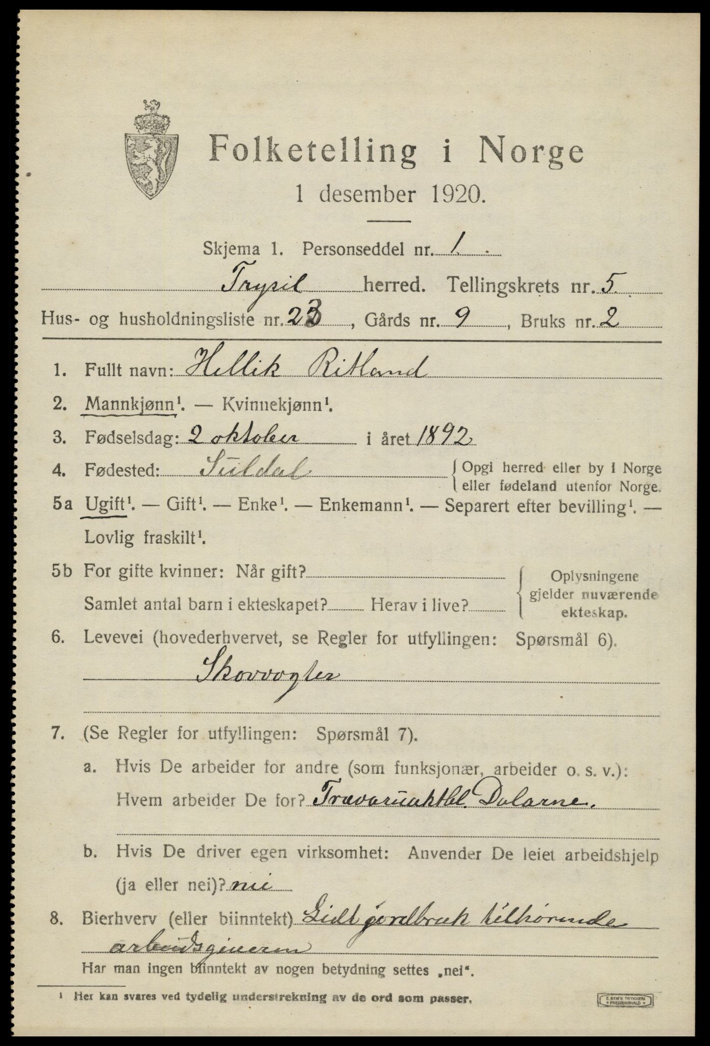 SAH, 1920 census for Trysil, 1920, p. 4513