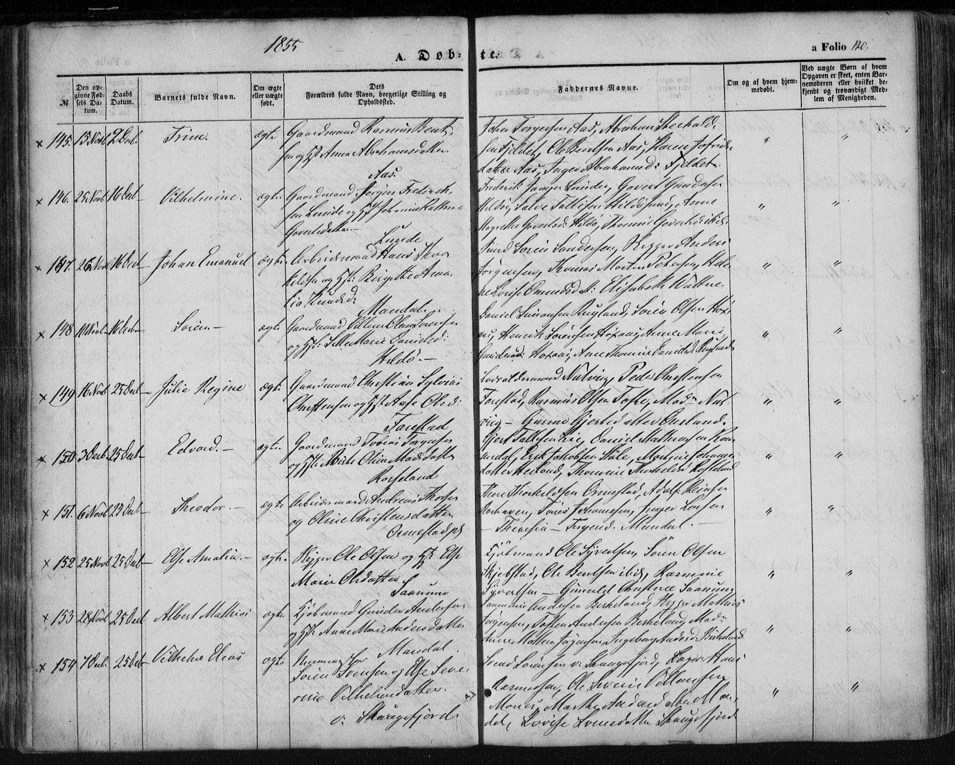 Mandal sokneprestkontor, AV/SAK-1111-0030/F/Fa/Faa/L0013: Parish register (official) no. A 13, 1847-1859, p. 120