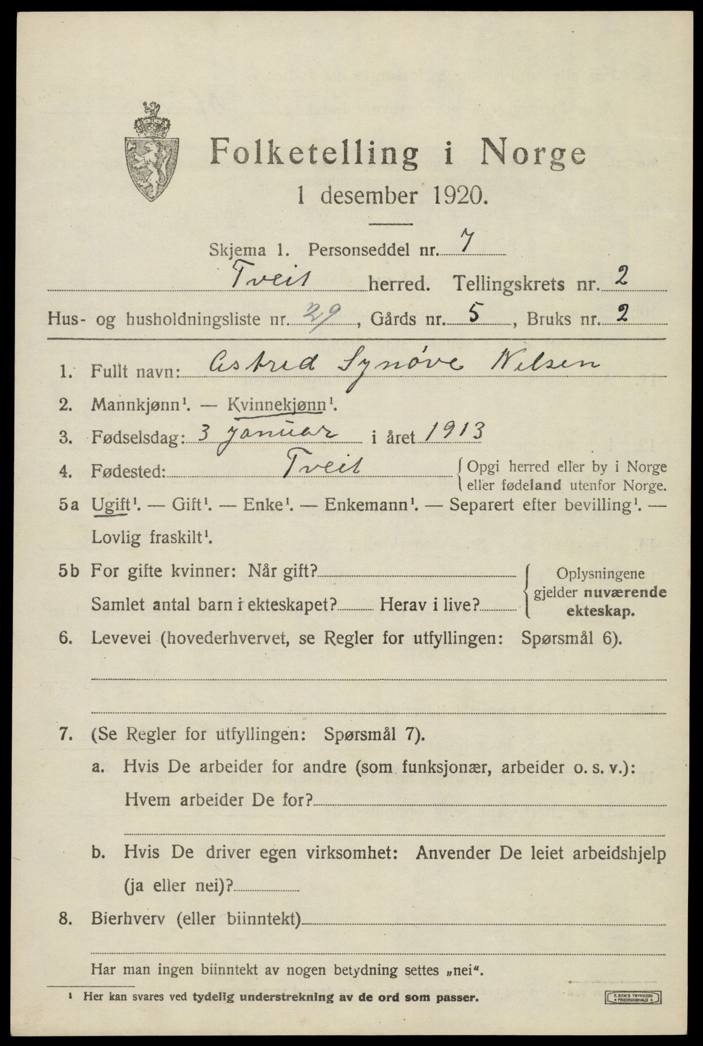 SAK, 1920 census for Tveit, 1920, p. 1482