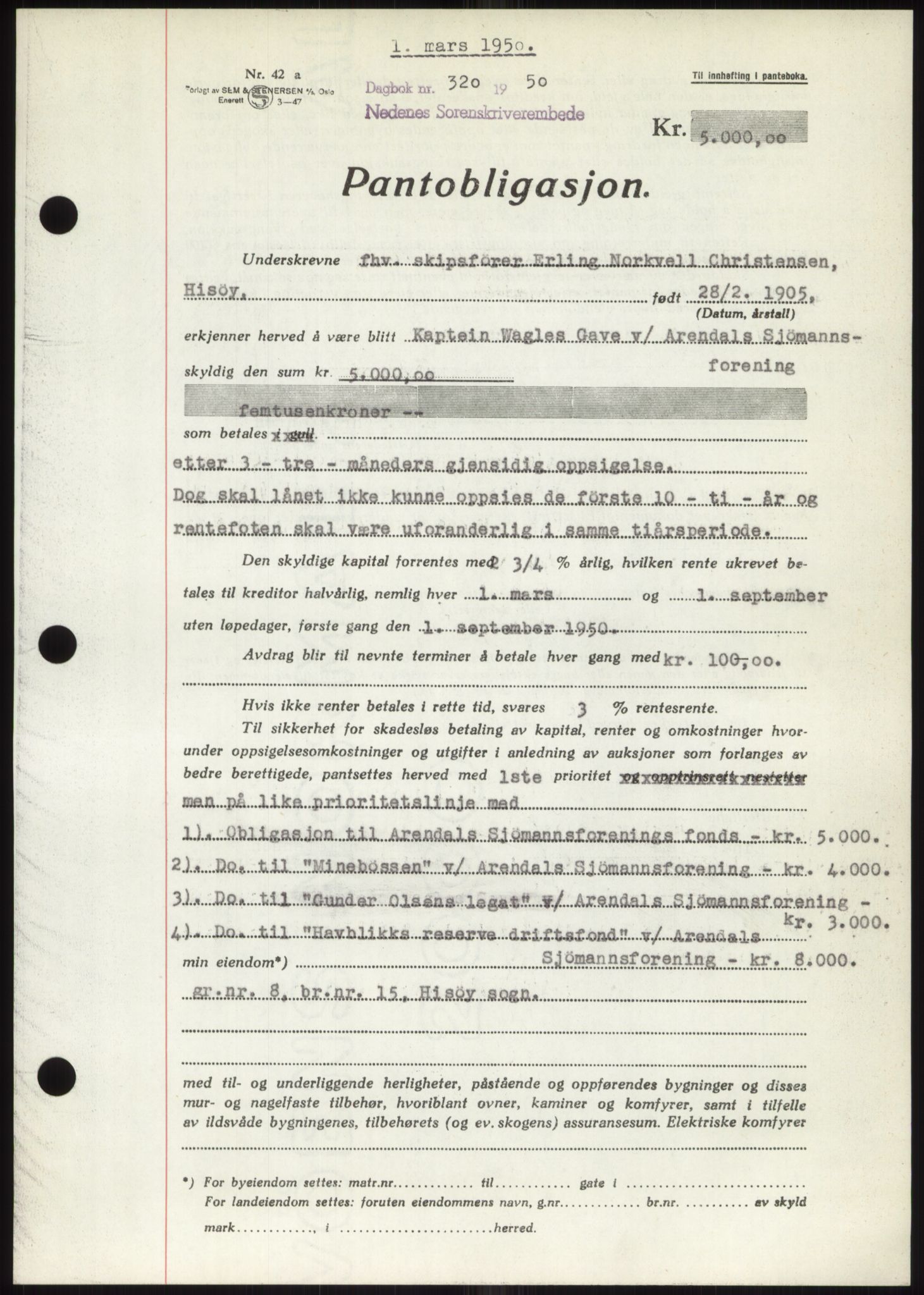 Nedenes sorenskriveri, AV/SAK-1221-0006/G/Gb/Gbb/L0007: Mortgage book no. B7, 1949-1950, Diary no: : 320/1950