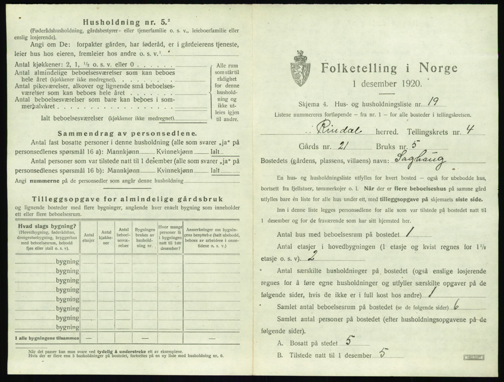 SAT, 1920 census for Rindal, 1920, p. 326