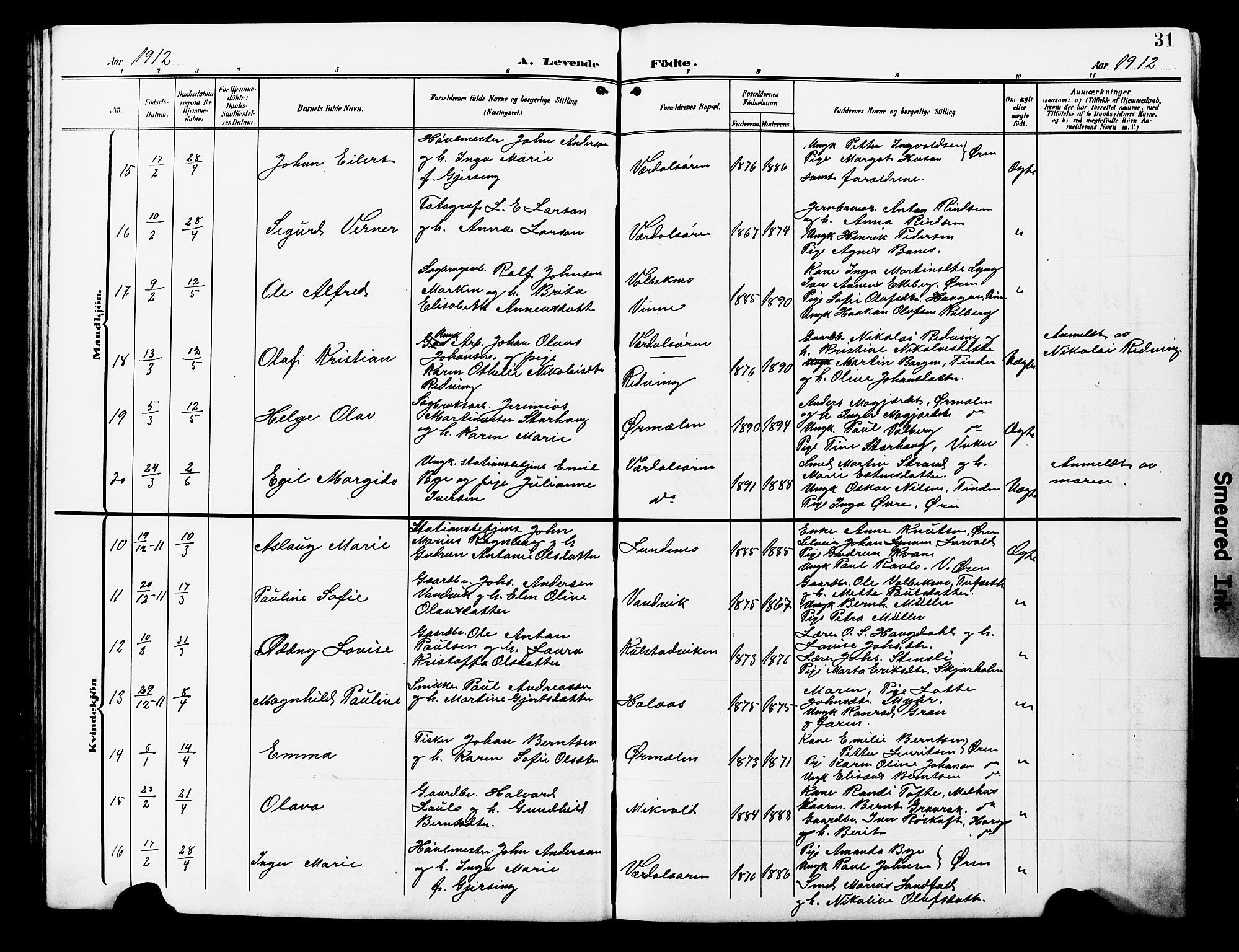 Ministerialprotokoller, klokkerbøker og fødselsregistre - Nord-Trøndelag, AV/SAT-A-1458/723/L0258: Parish register (copy) no. 723C06, 1908-1927, p. 31