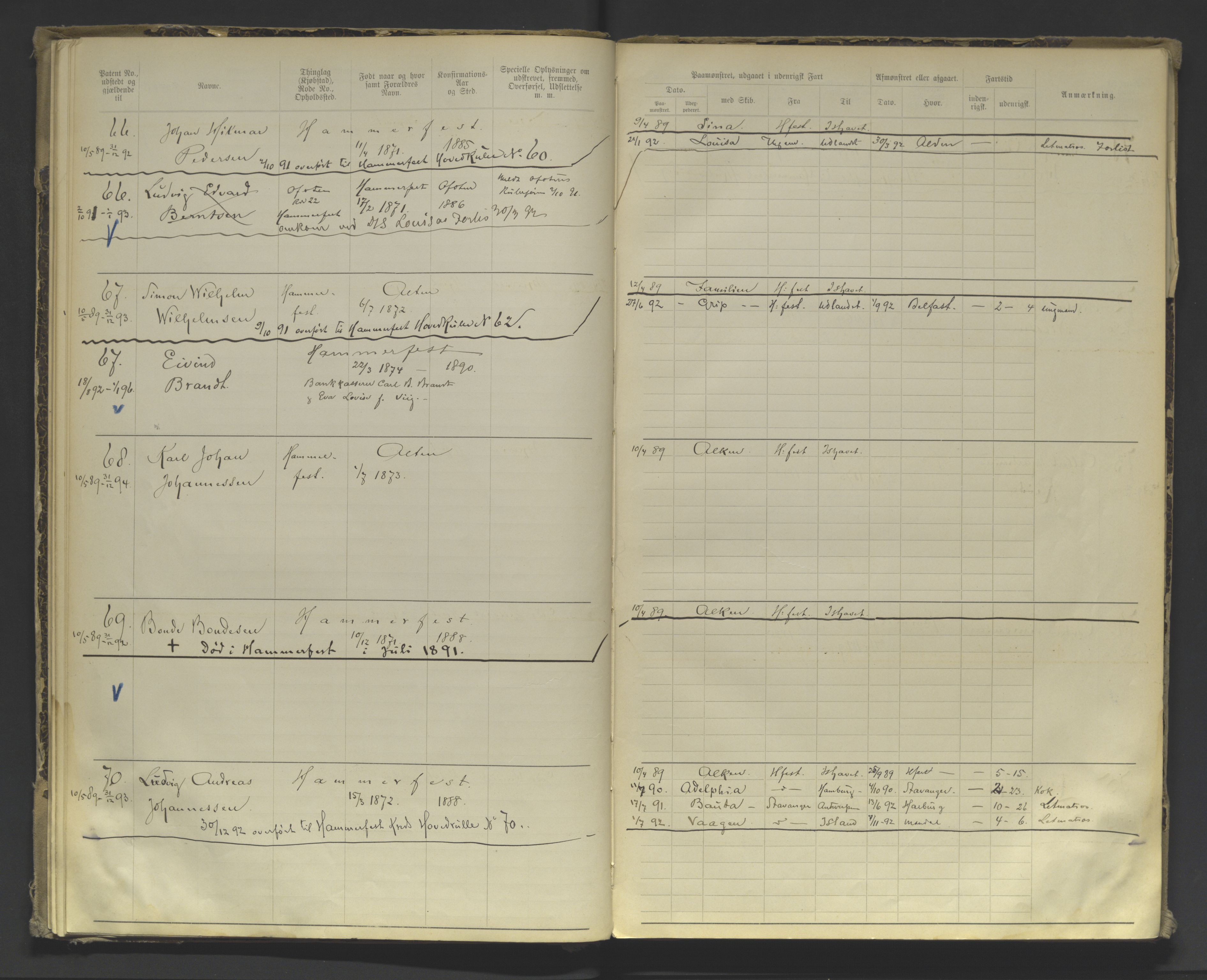 Tromsø sjømannskontor/innrullerings-/mønstringsdistrikt, AV/SATØ-S-0243/F/Fa/L0004: Annotasjonsrulle. Defekt: manglende rygg. Nr. 1-473, 1869-1912