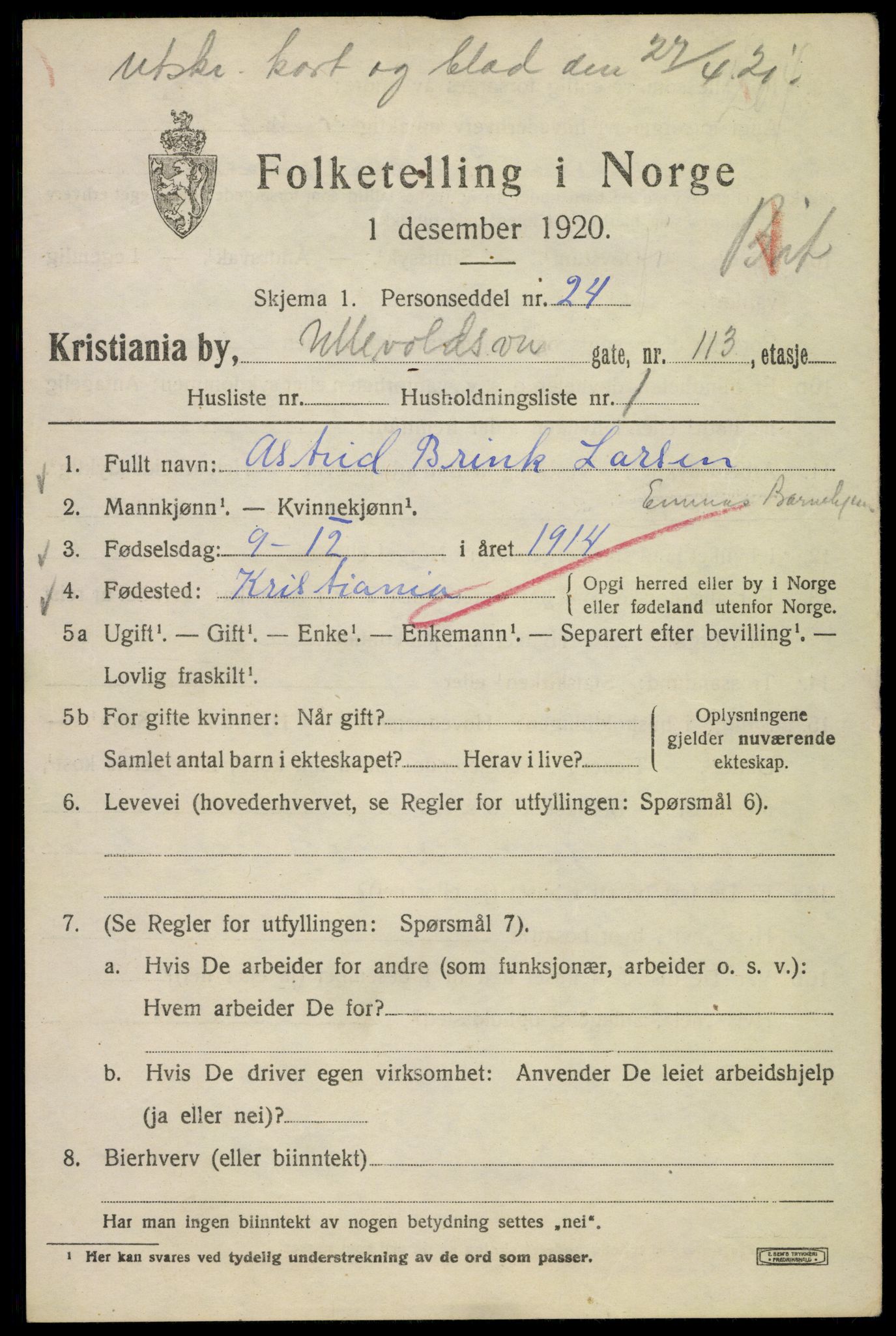 SAO, 1920 census for Kristiania, 1920, p. 617159